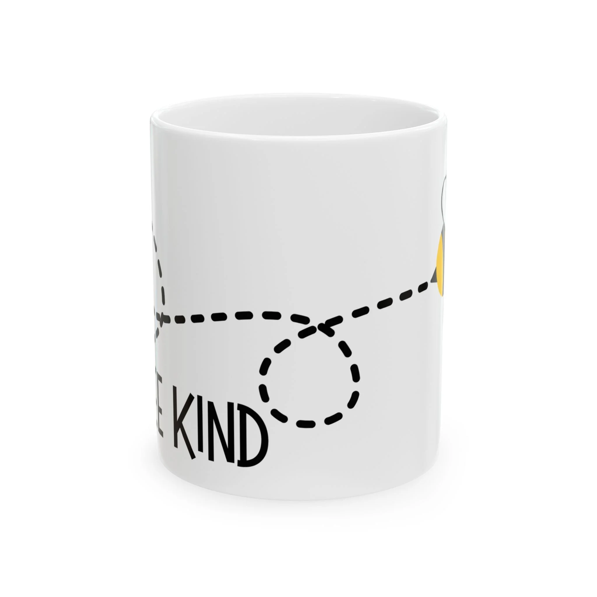 Side view of mug showing cute bee illustration with yellow and black stripes