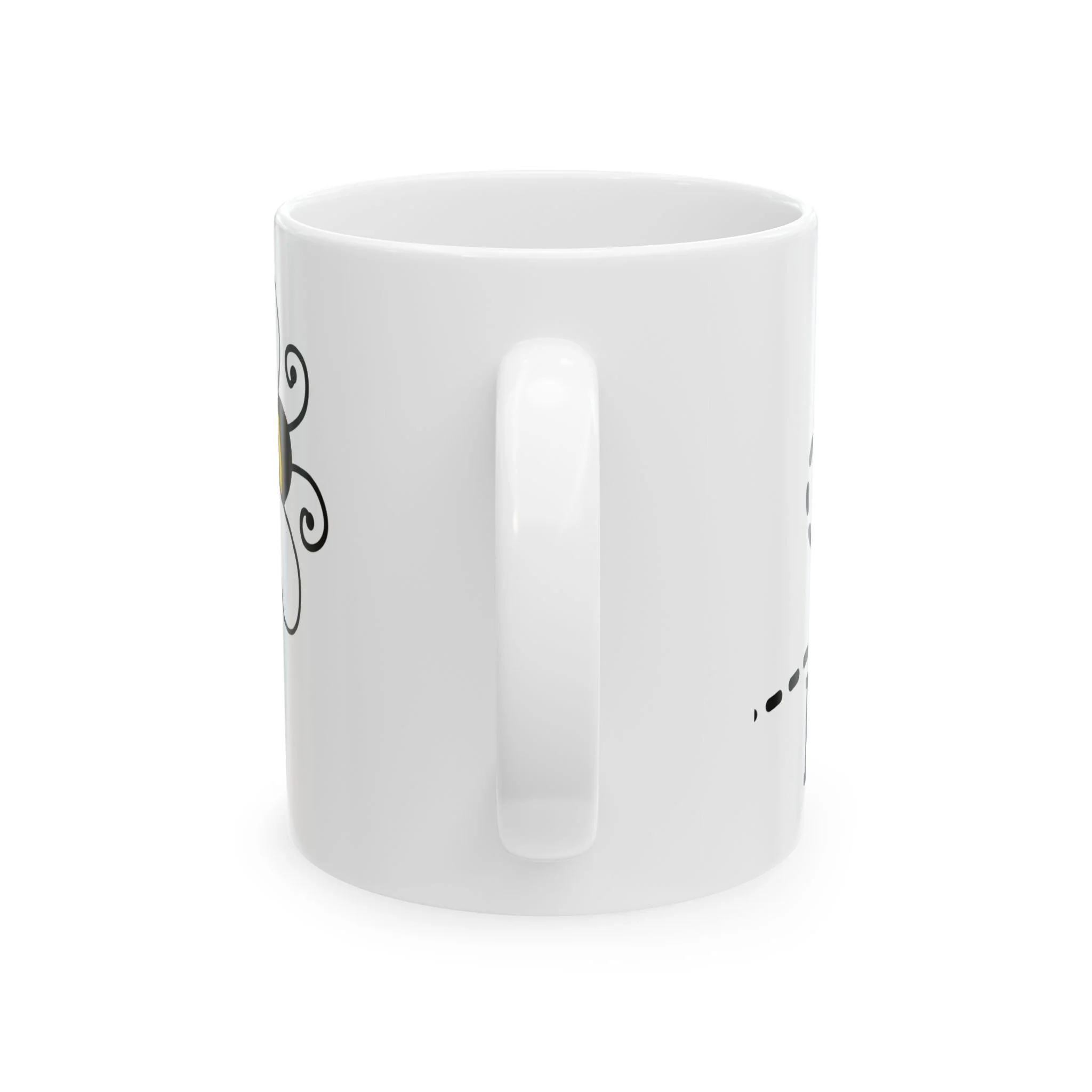 Side profile of mug showing white handle and partial bee design