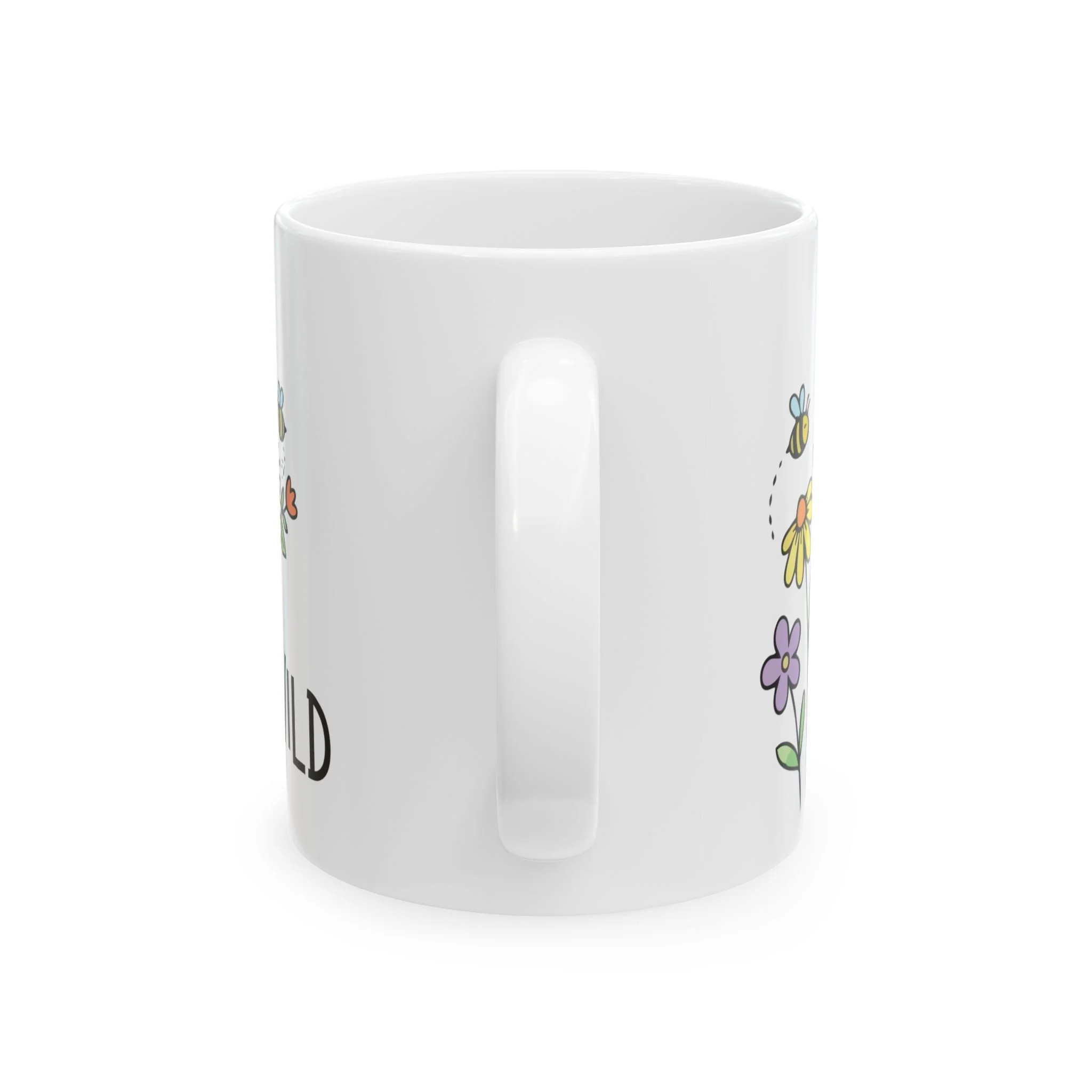 Side profile of mug showing white handle and partial floral design