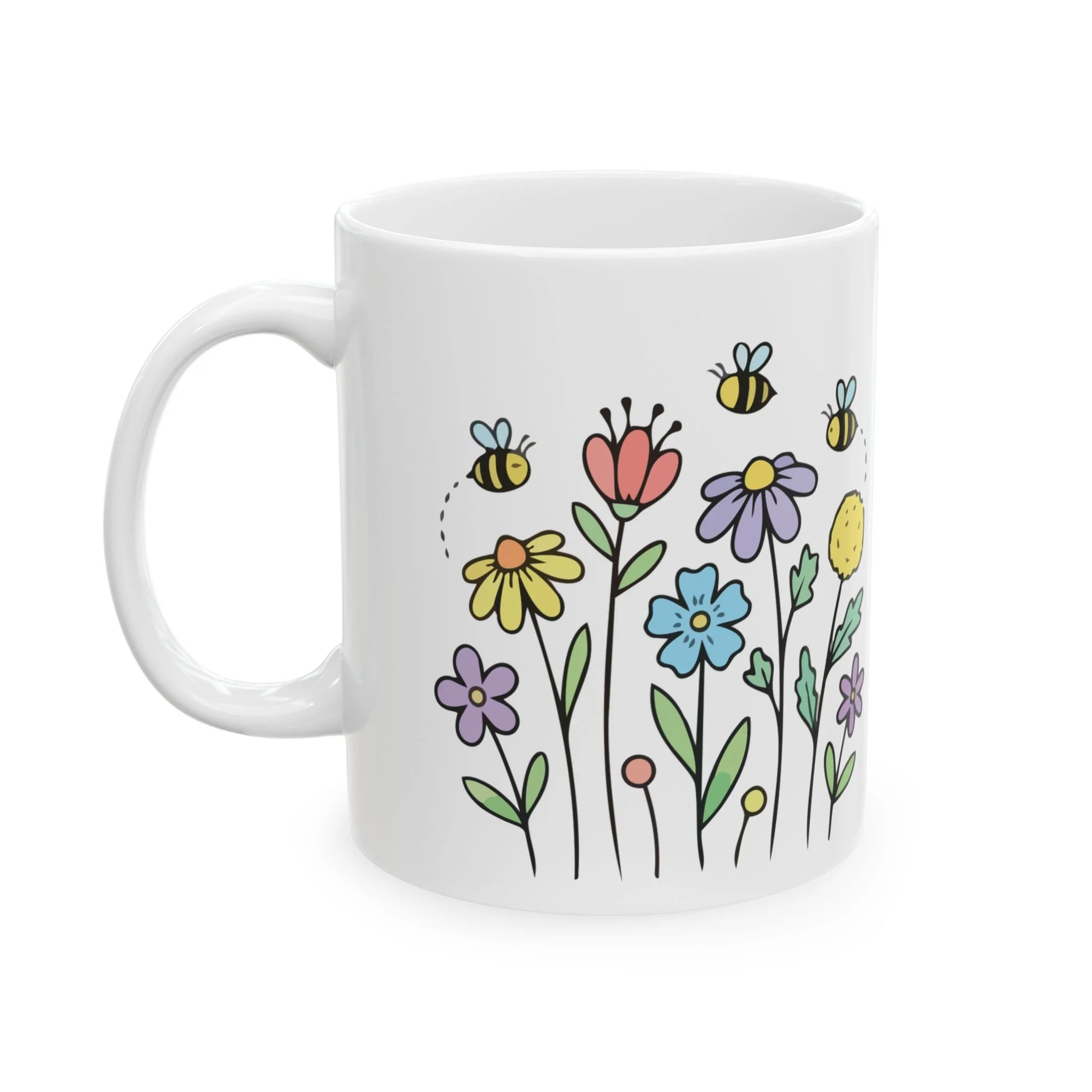 Front view of white ceramic mug with grow wild text and playful floral design