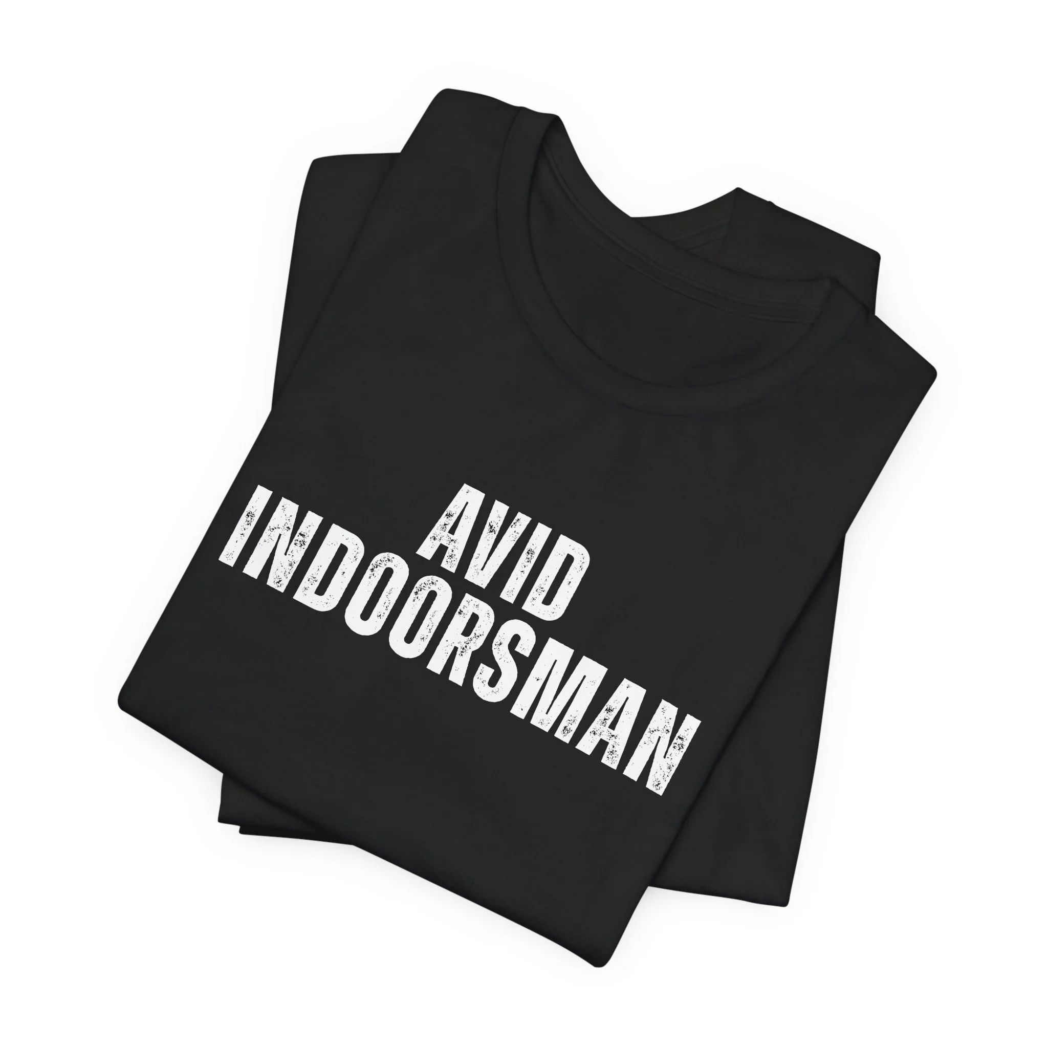 Black Avid Indoorsman graphic t-shirt folded with bold white text design on front