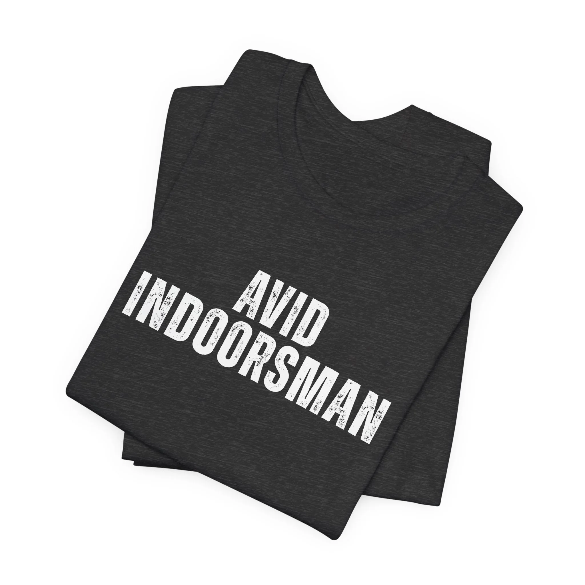Dark gray heather Avid Indoorsman graphic t-shirt folded with distressed white text design