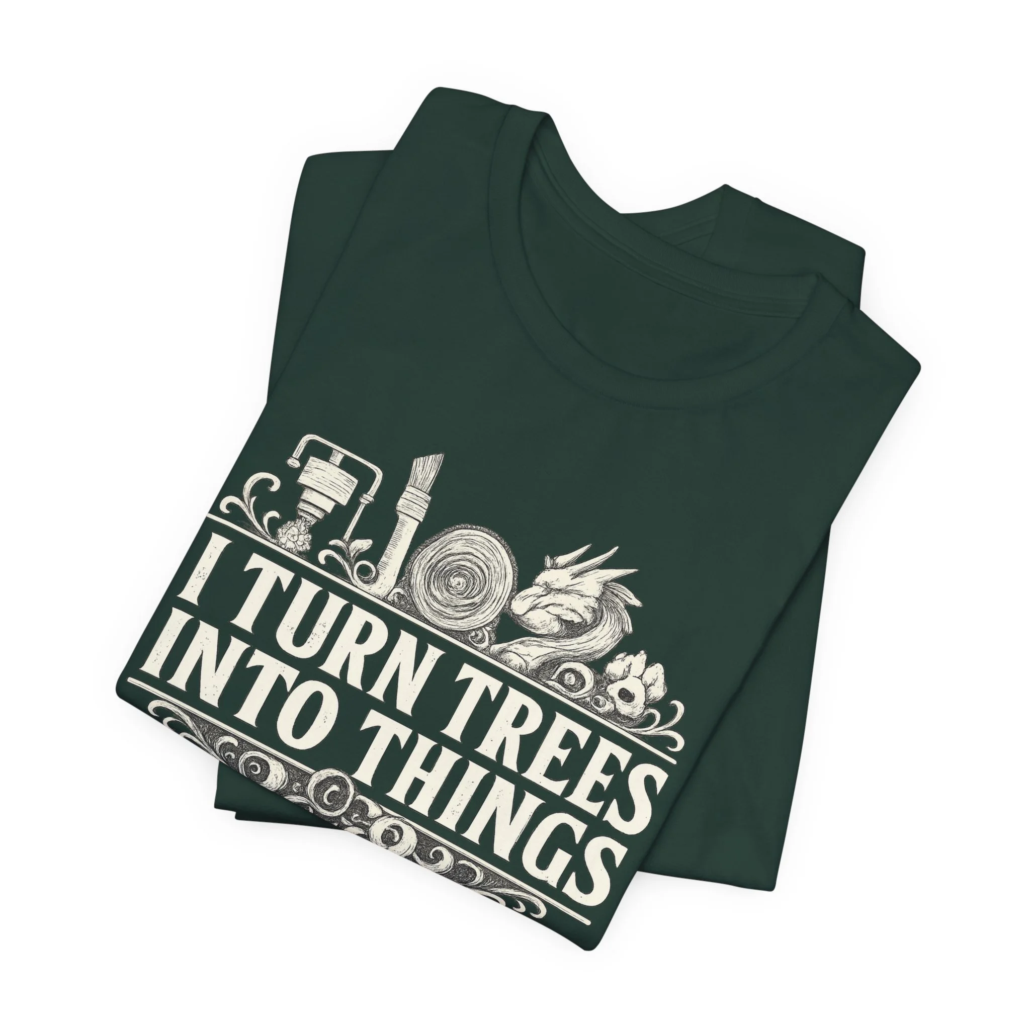 Forest green Bella Canvas shirt with laser engraver and woodcraft artwork