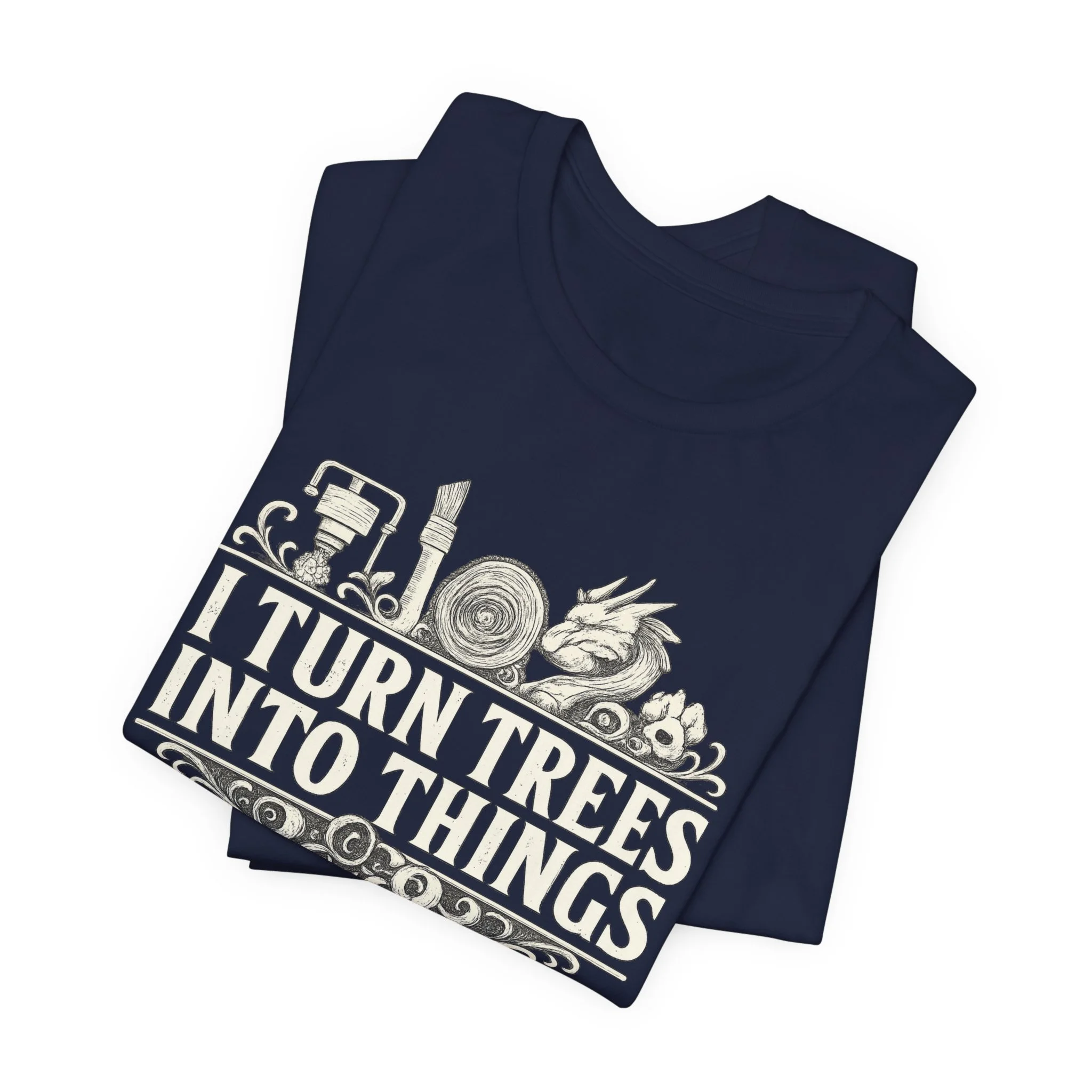 Navy blue wood crafter shirt featuring laser engraving and maker-themed artwork