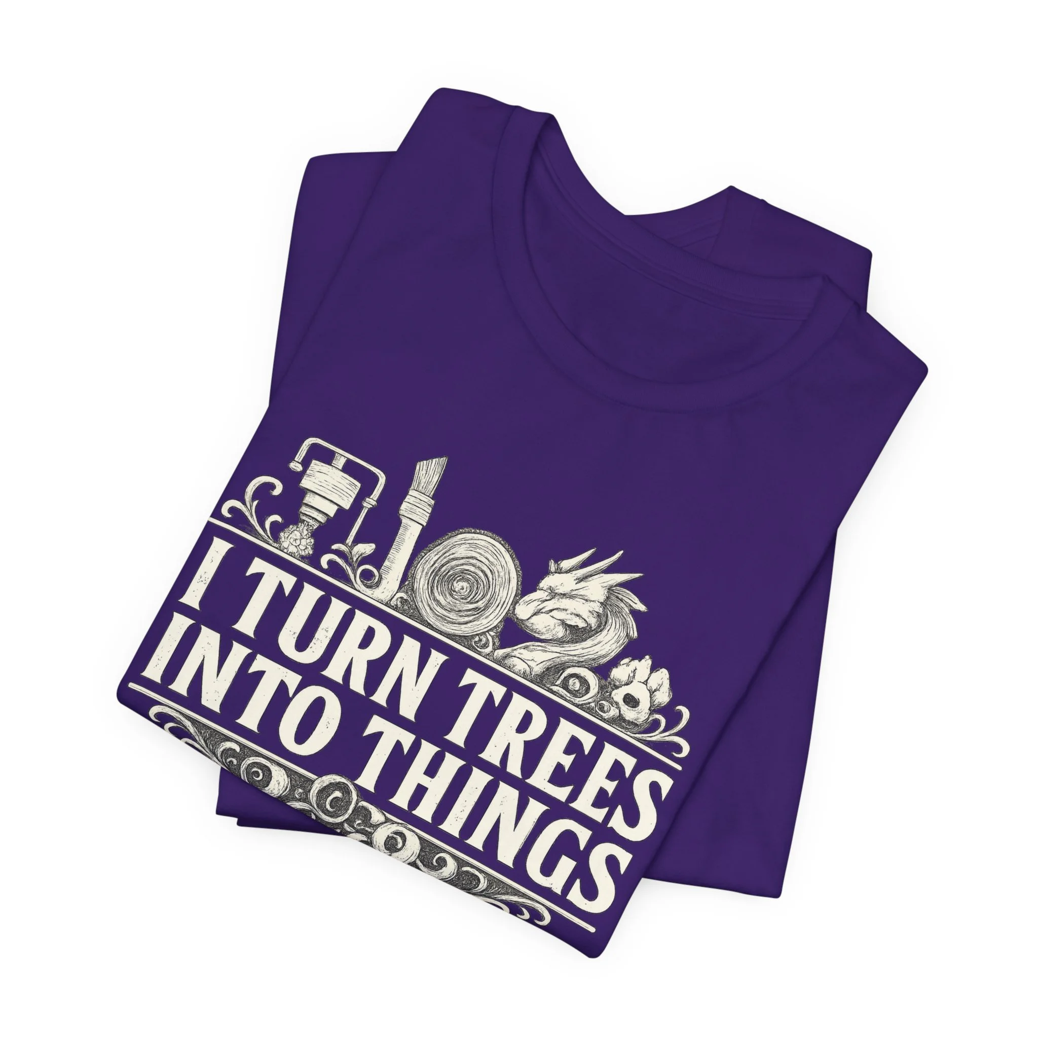 Purple laser engraving enthusiast t-shirt with wood slices and maker tools graphic