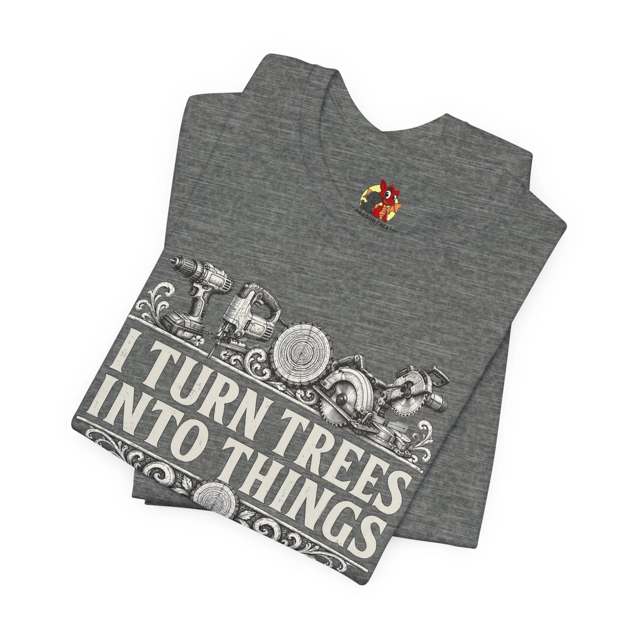 Athletic heather Bella Canvas shirt featuring power tool woodworking graphic design