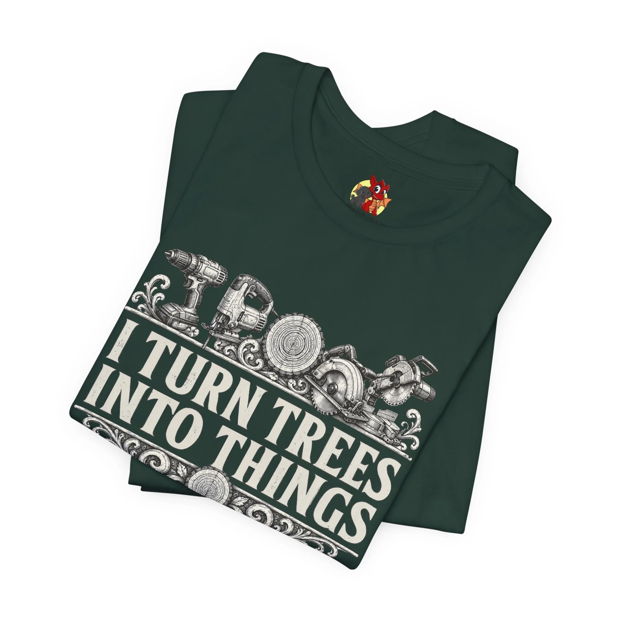 Forest green woodworking t-shirt with power tools and maker-inspired artwork