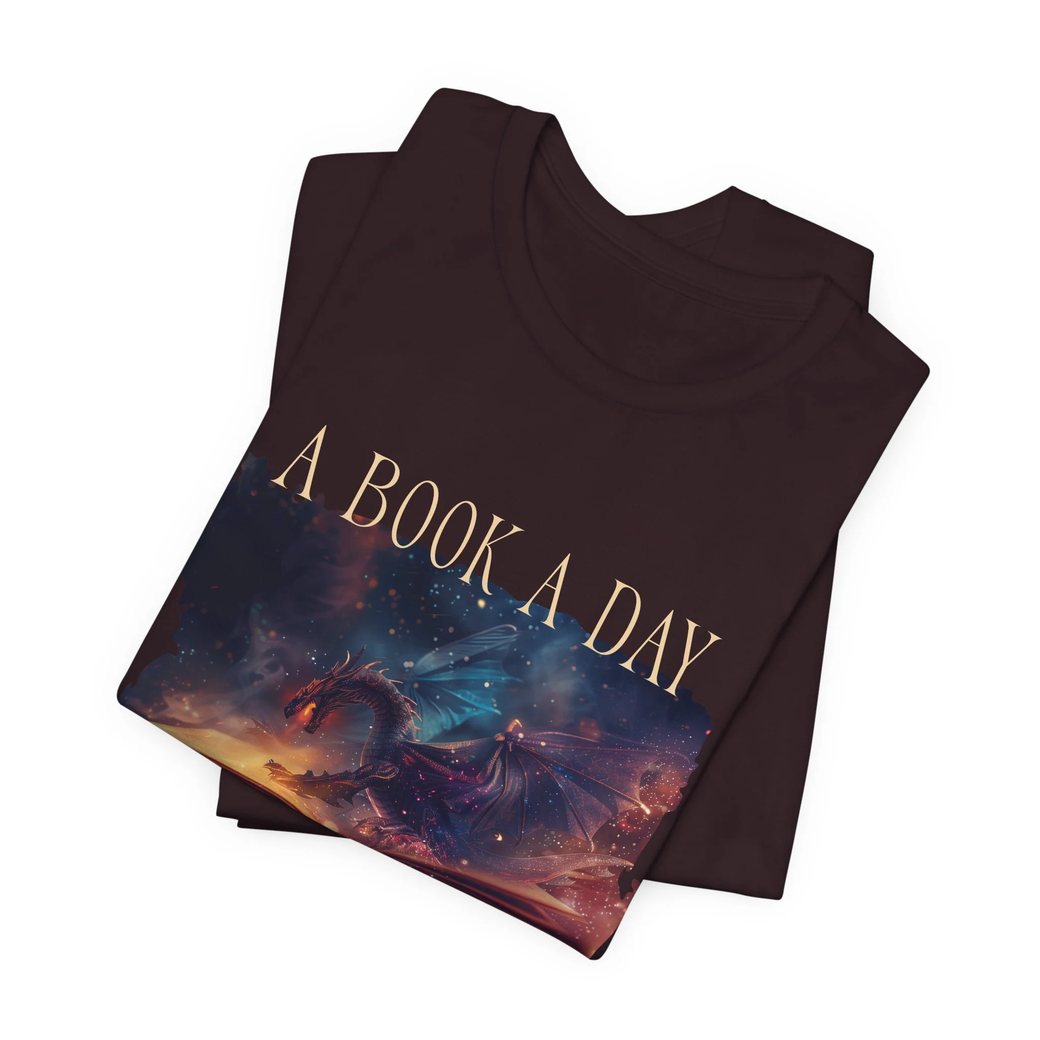 Oxblood fantasy reader t-shirt featuring dragon artwork and "A Book a Day Keeps Reality Away" design.