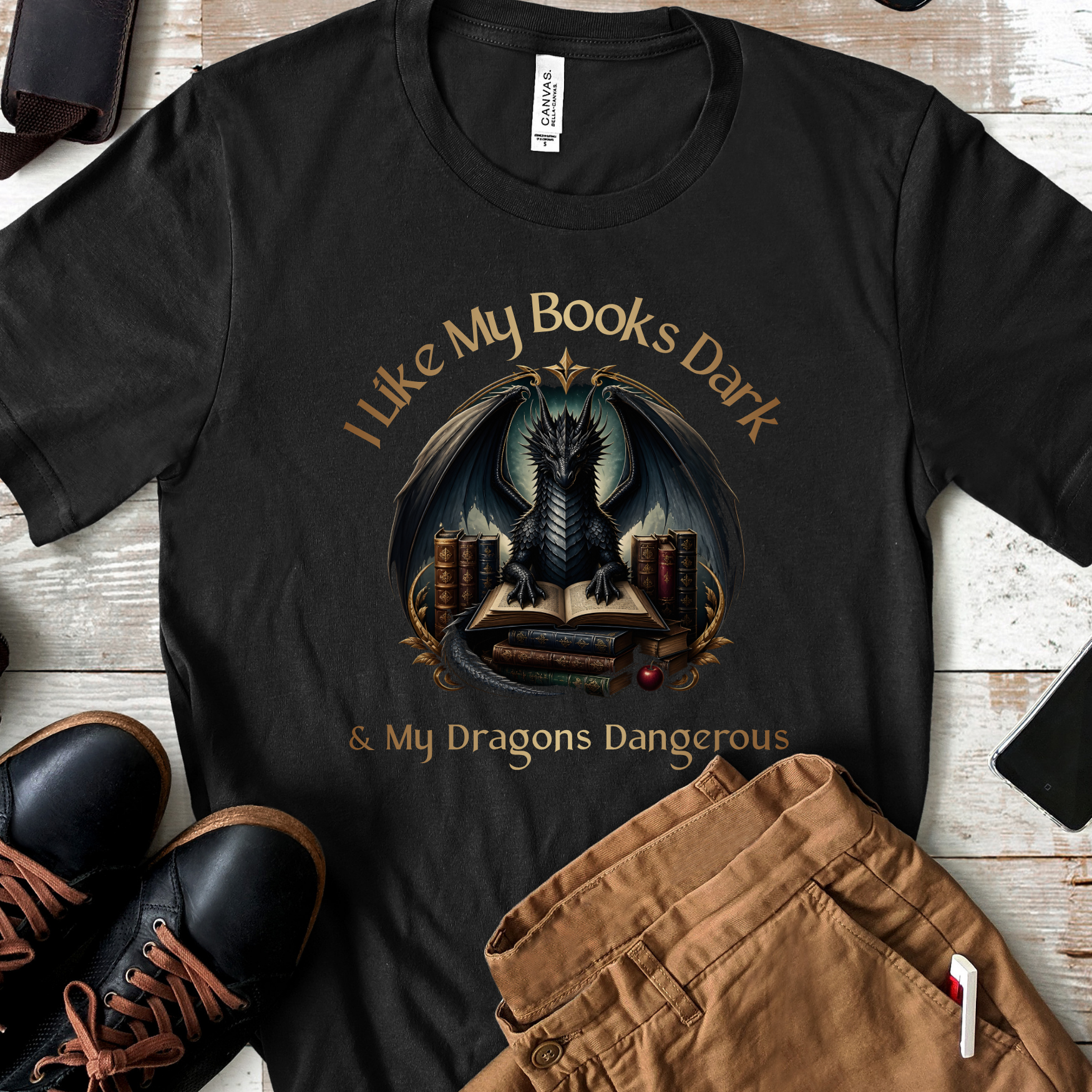 Black fantasy reader t-shirt with dragon and books graphic featuring the phrase "I Like My Books Dark & My Dragons Dangerous."