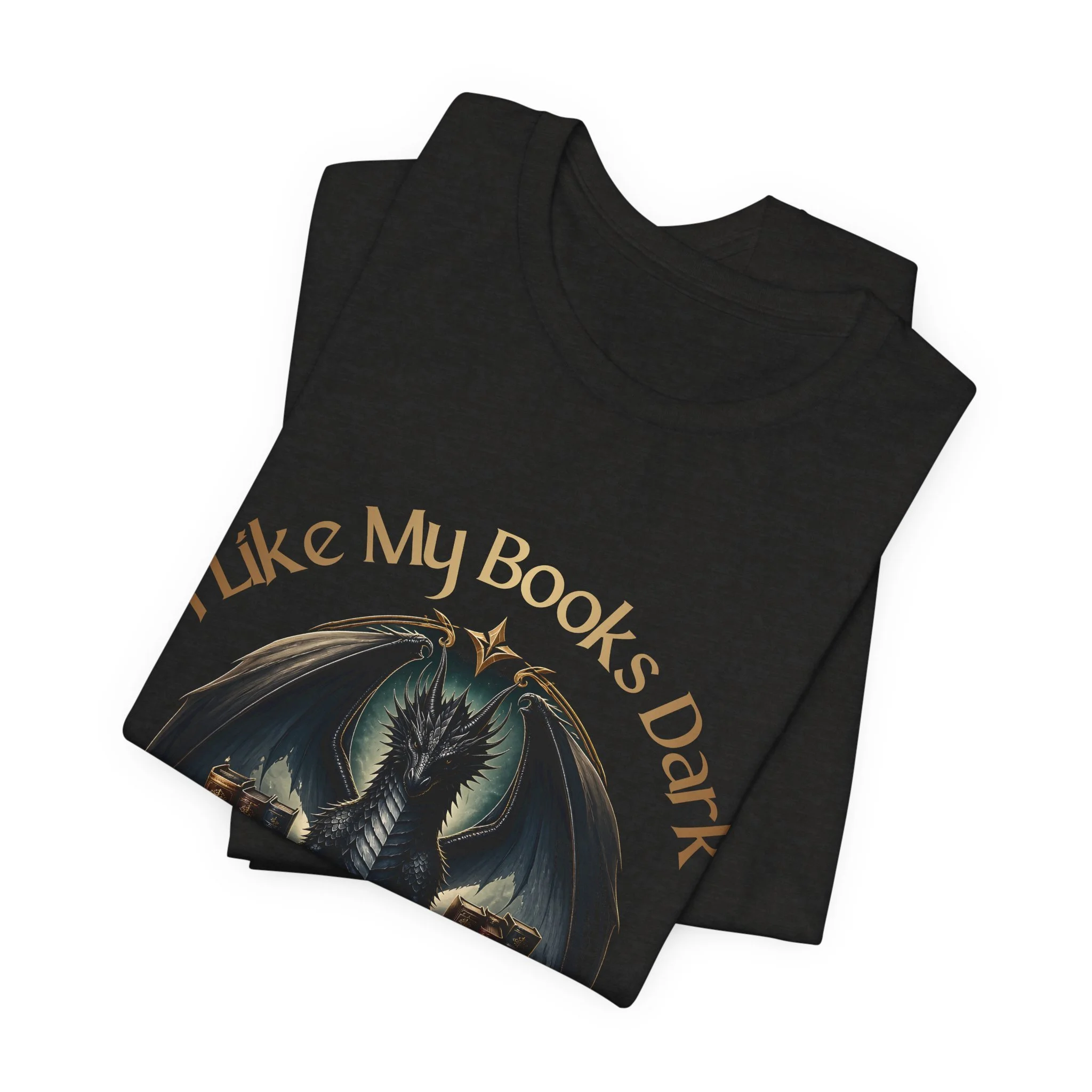 Heathered black fantasy graphic t-shirt with dragon and library artwork for book lovers.