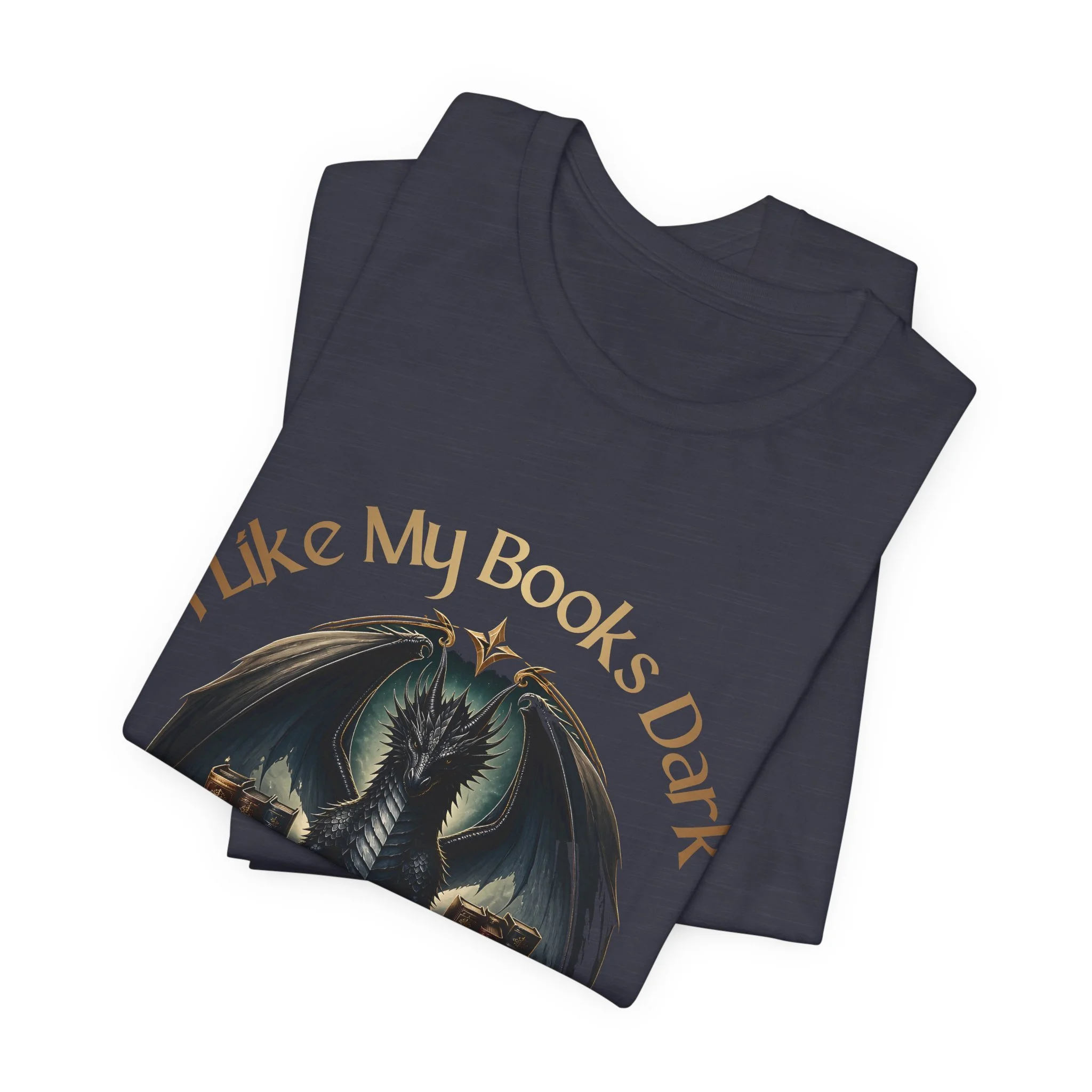 Heathered midnight navy fantasy t-shirt with dragon illustration and "I Like My Books Dark" text.
