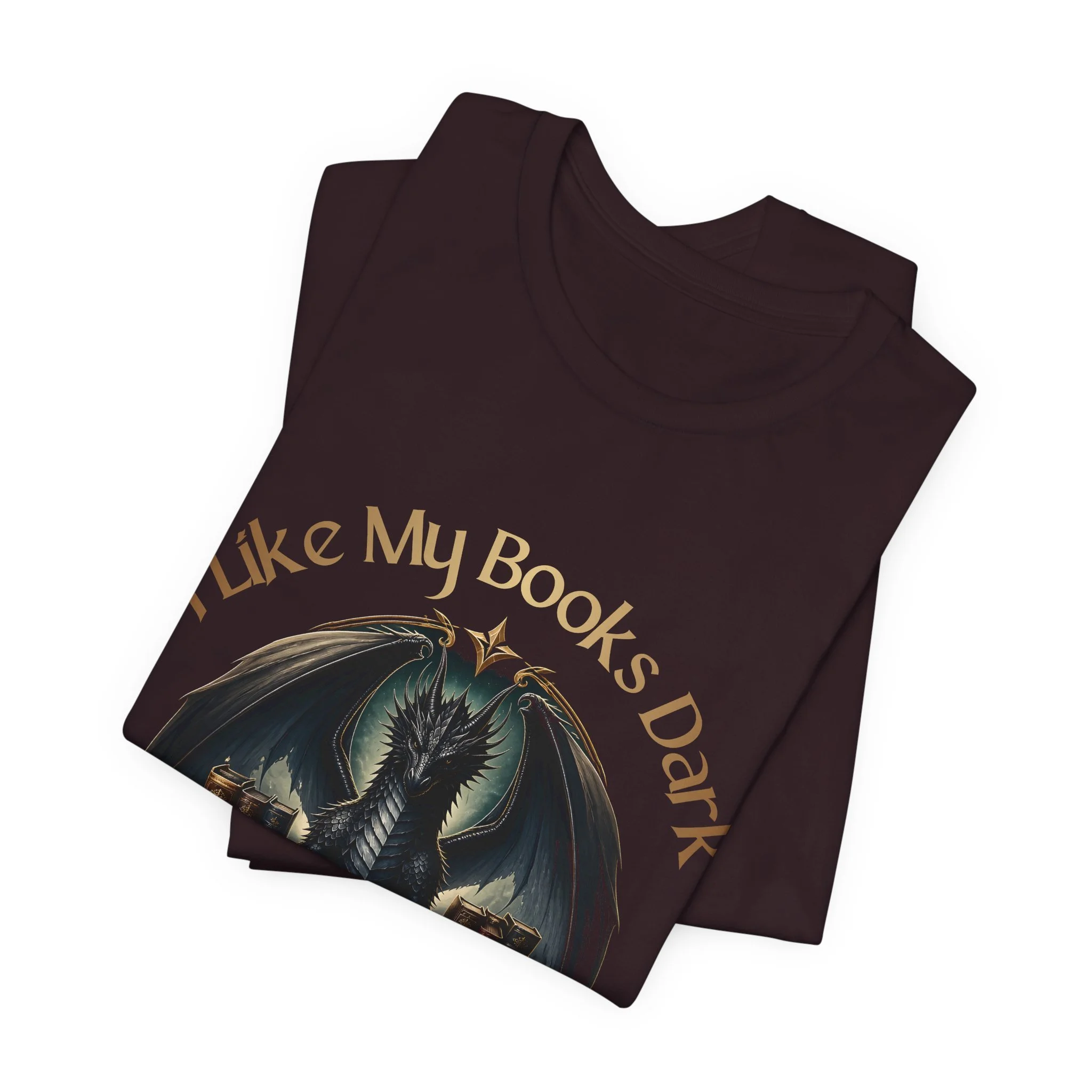 Oxblood book lover graphic tee featuring a dragon surrounded by books and fantasy-inspired typography.
