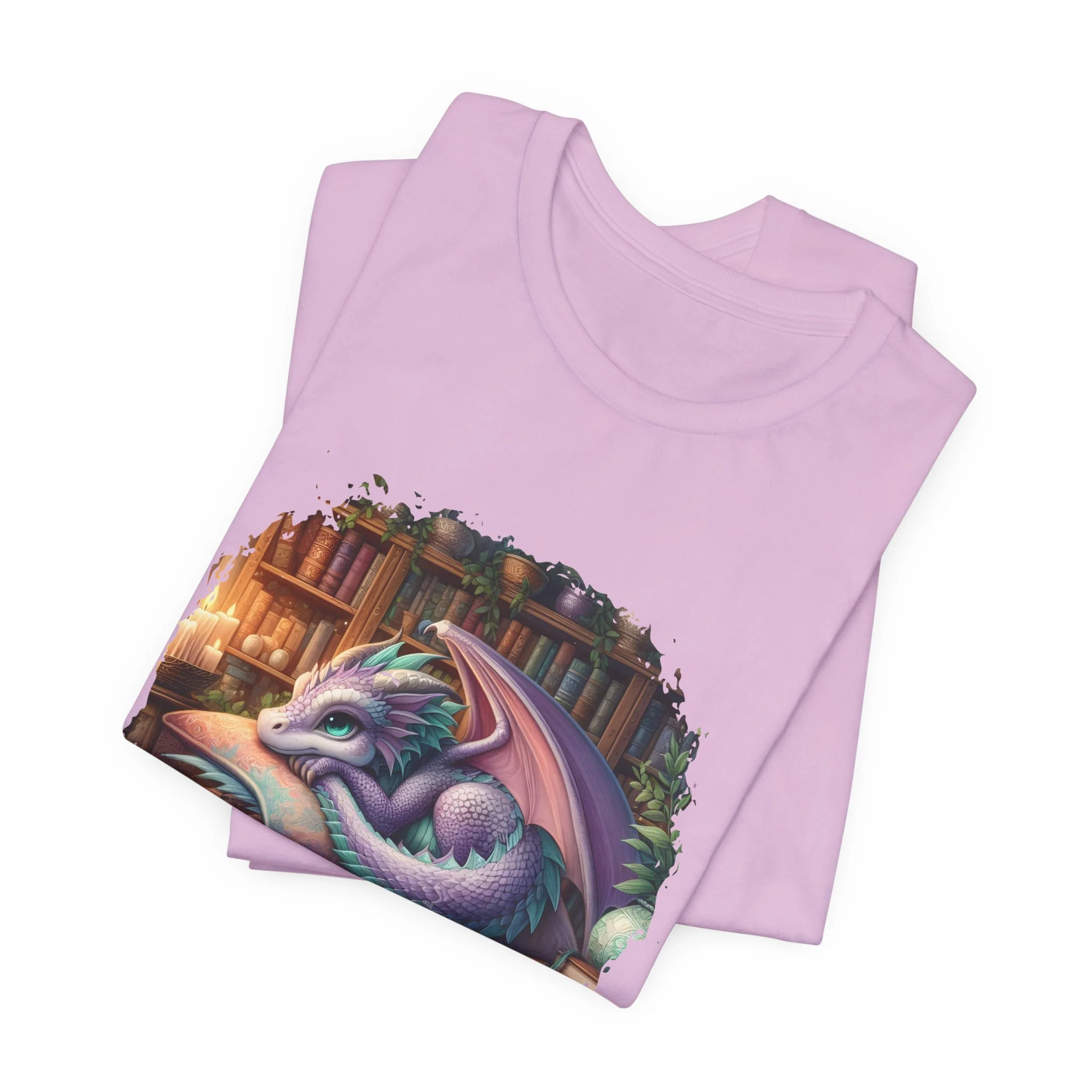 Lilac fantasy book lover t-shirt with adorable dragon artwork and "Mentally in Another Realm" design.
