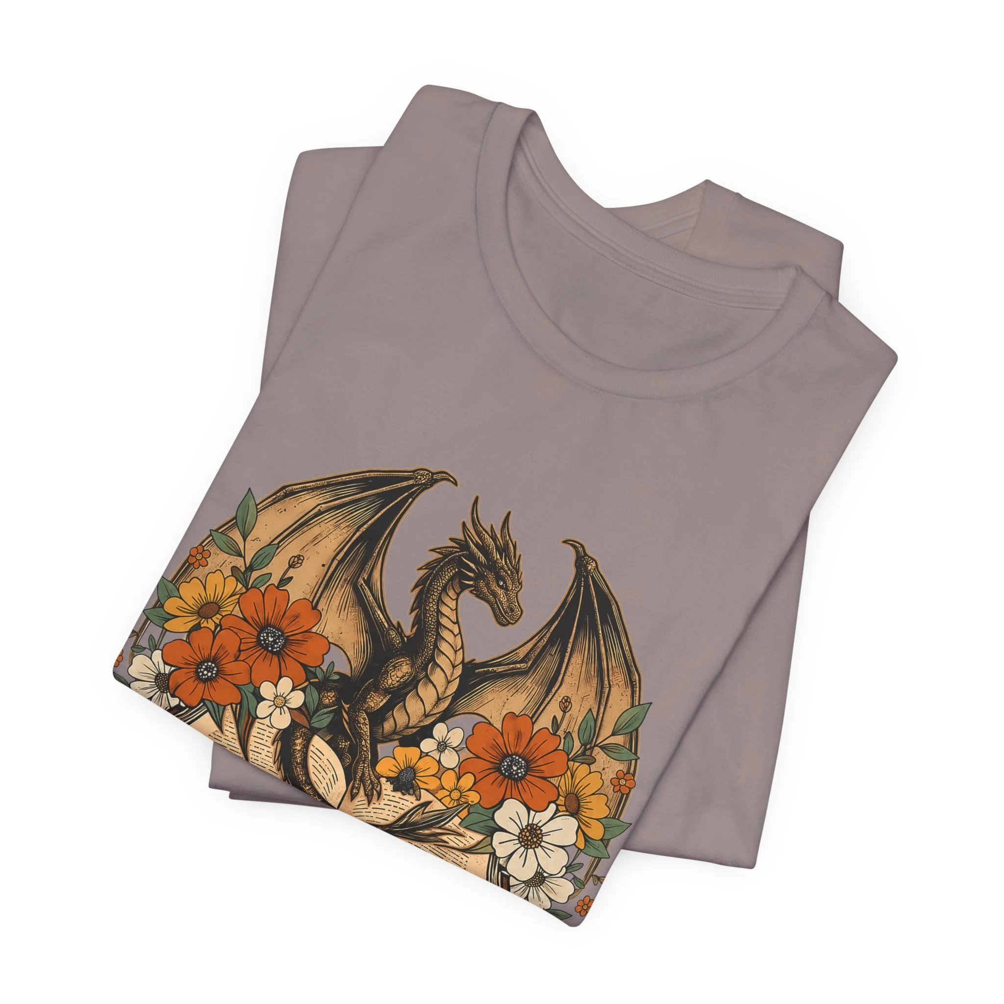 Pebble brown fantasy book lover t-shirt with dragon and fall flower illustration.