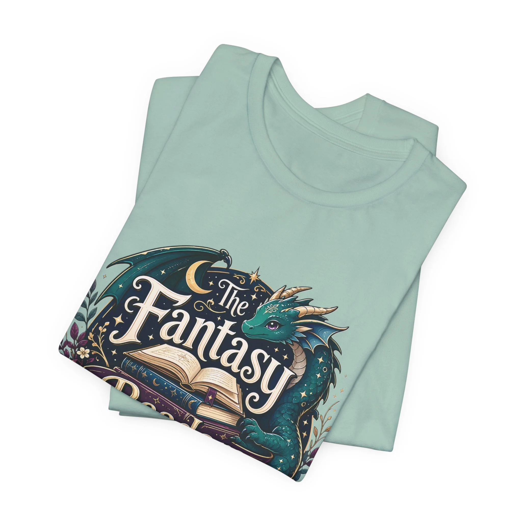 Dusty blue dragon reader shirt with "The Fantasy Readers Society" graphic and ornate details.
