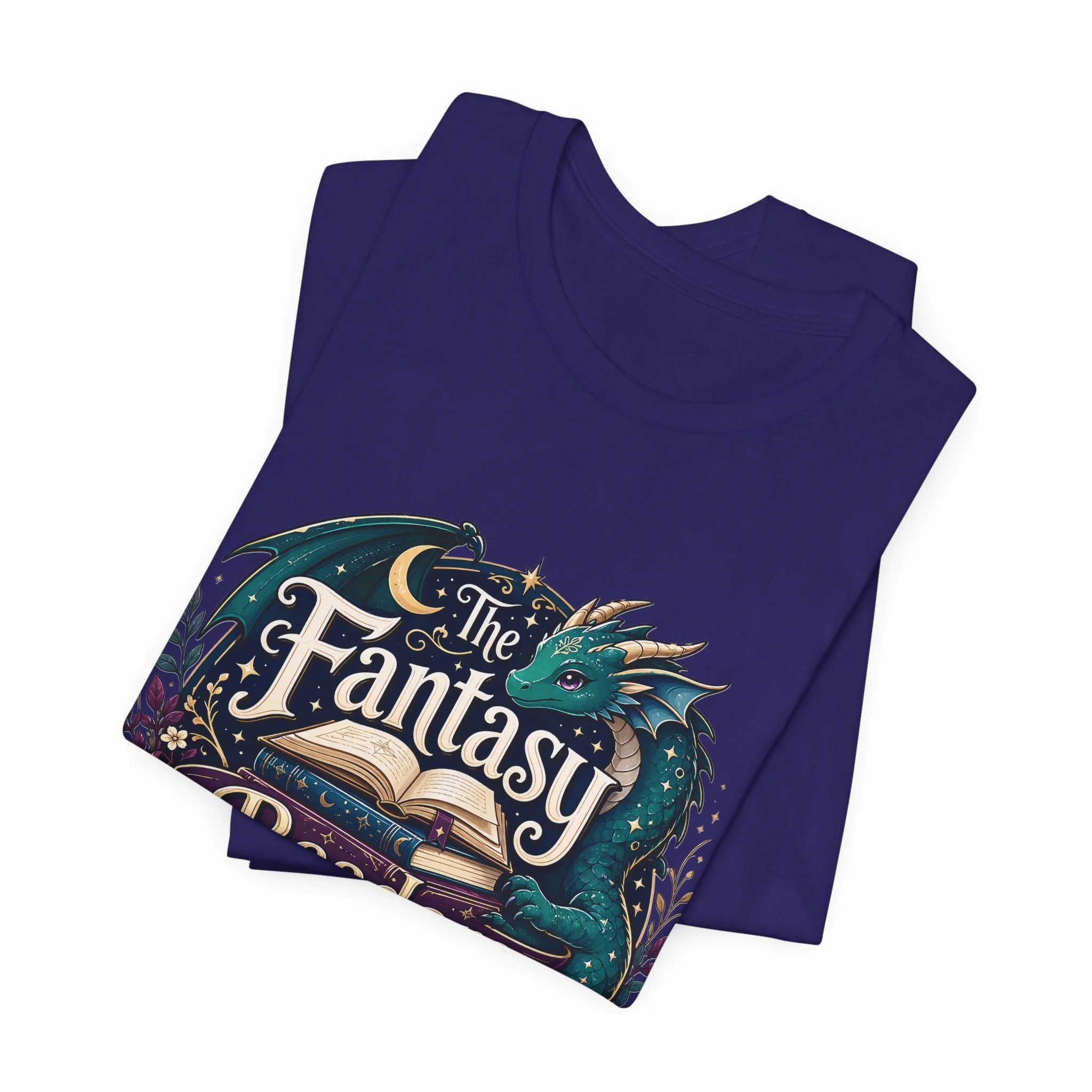 Team navy Fantasy Readers Society shirt featuring colorful dragon and vintage-inspired typography.