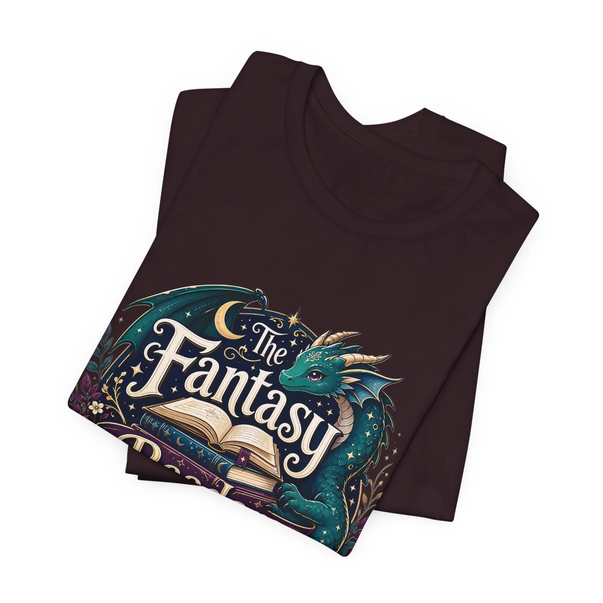 Oxblood fantasy reader graphic tee with decorative dragon and book club artwork.