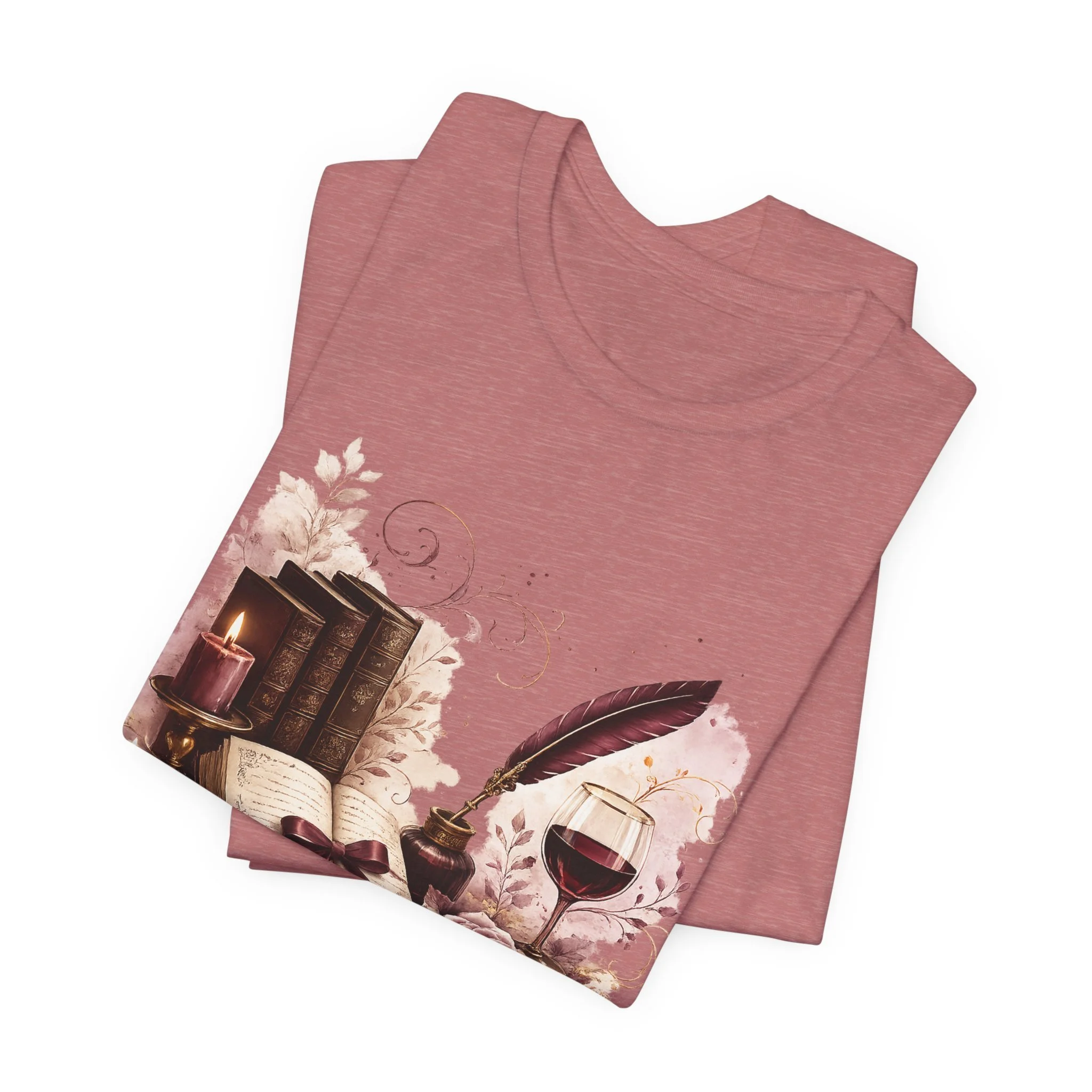 Heather mauve book club t-shirt featuring vintage reading accessories and soft floral details.