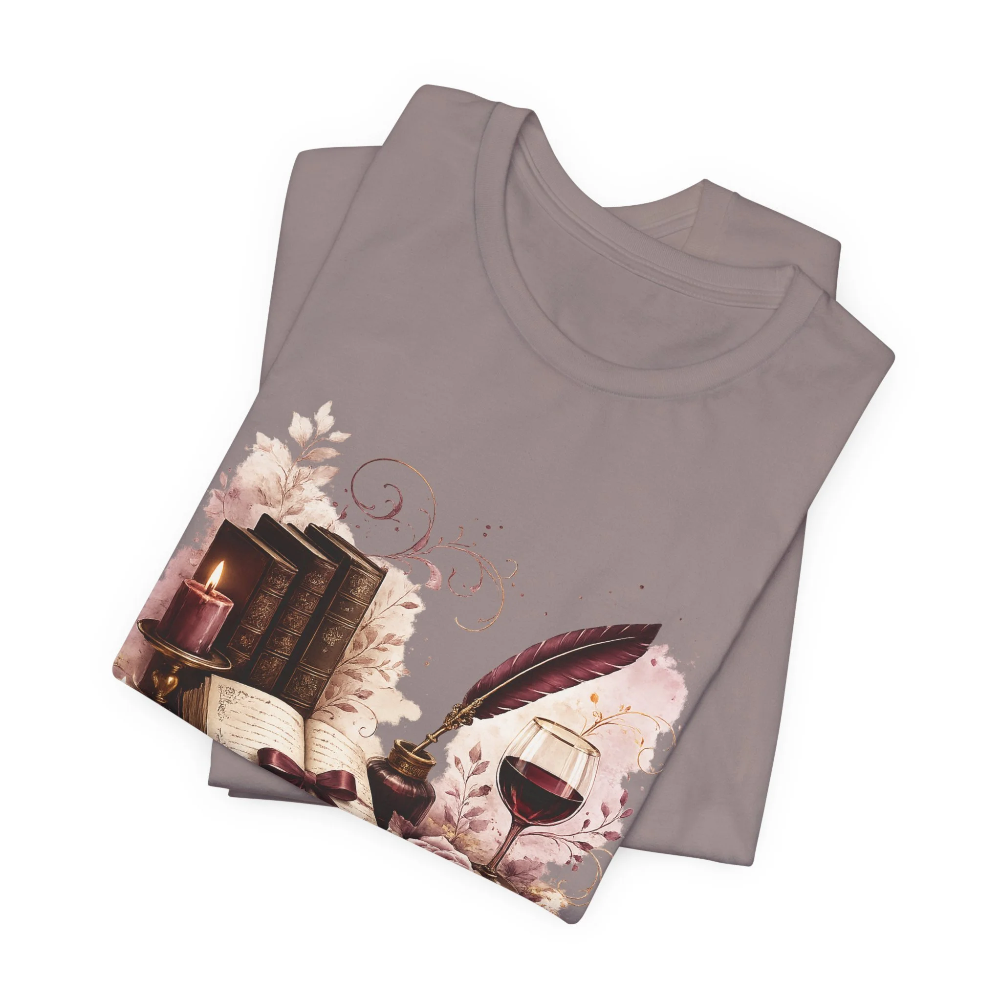 Folded pebble brown literary graphic tee with stacked books and romantic vintage accents.