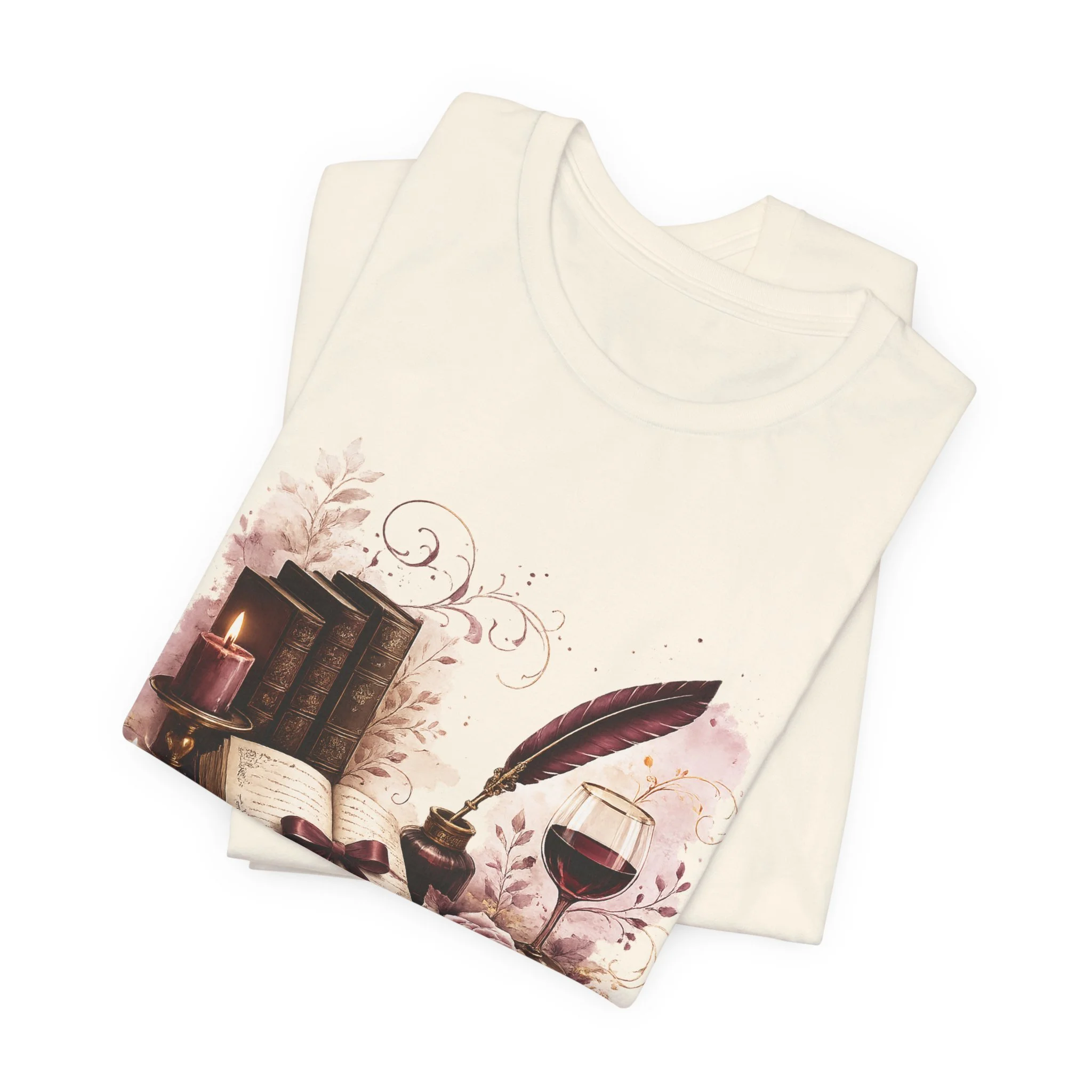 Natural-colored literary graphic tee with books, wine glass, and feather quill design.