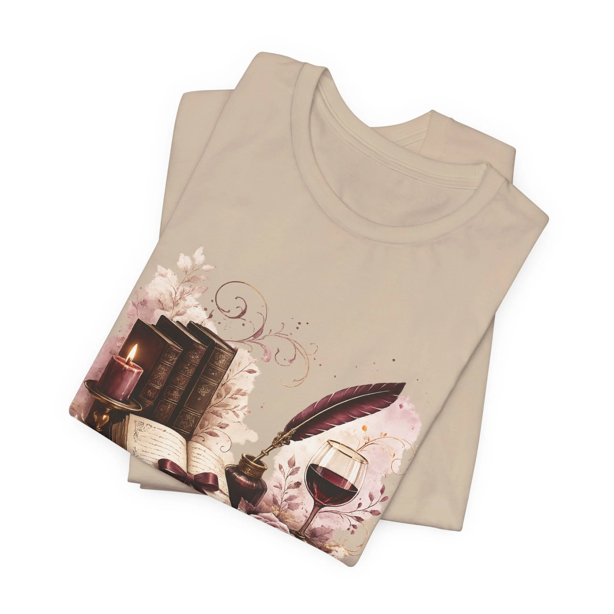 Tan mystery reader shirt with antique books, quill pen, and wine-themed artwork.