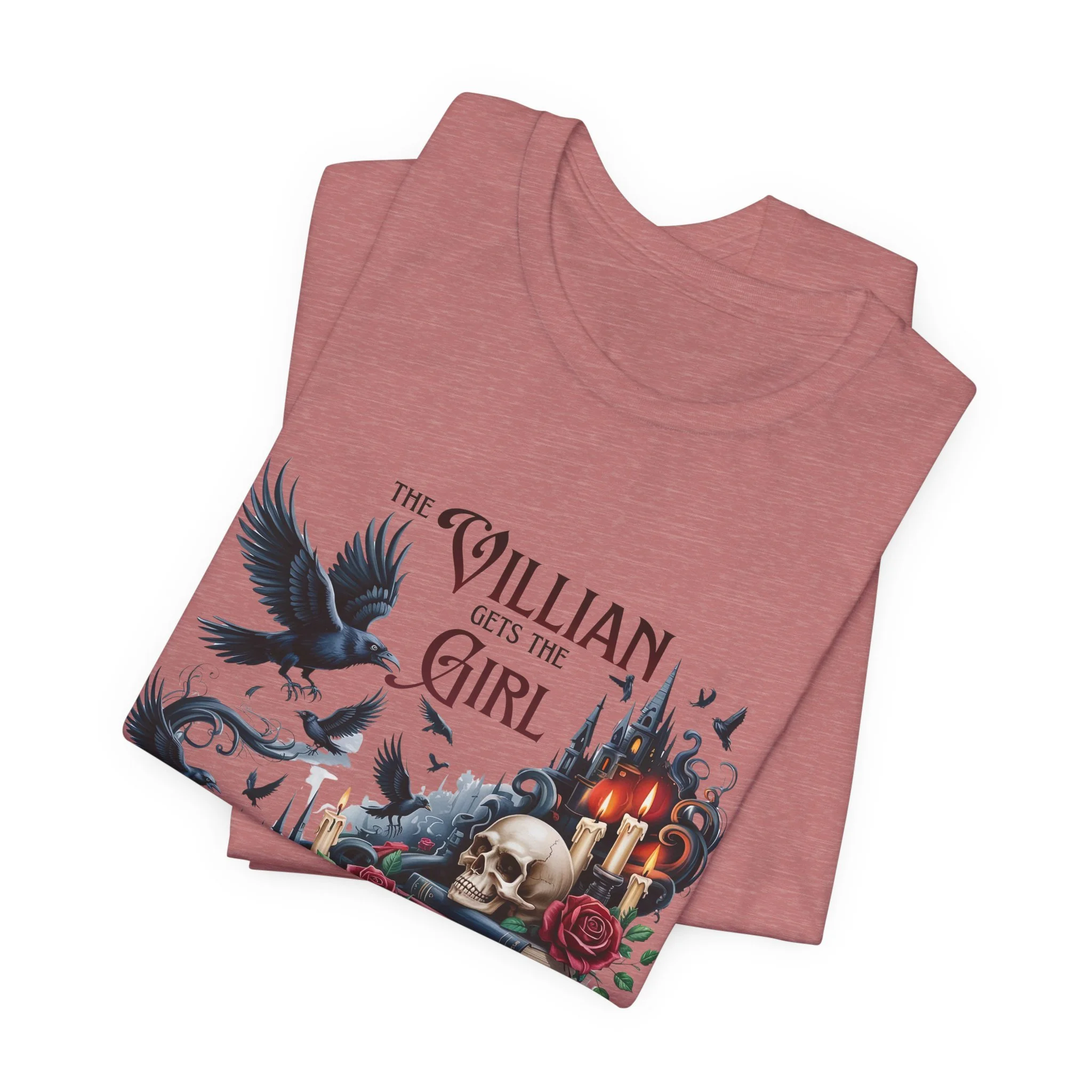 Heathered mauve fantasy graphic tee featuring ravens, skulls, roses, and stacked books.