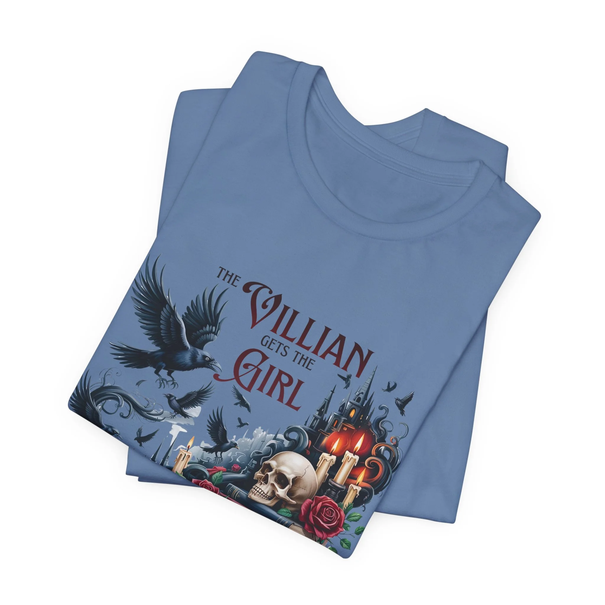Lavender blue villain girl shirt with gothic bookish artwork and candle accents.