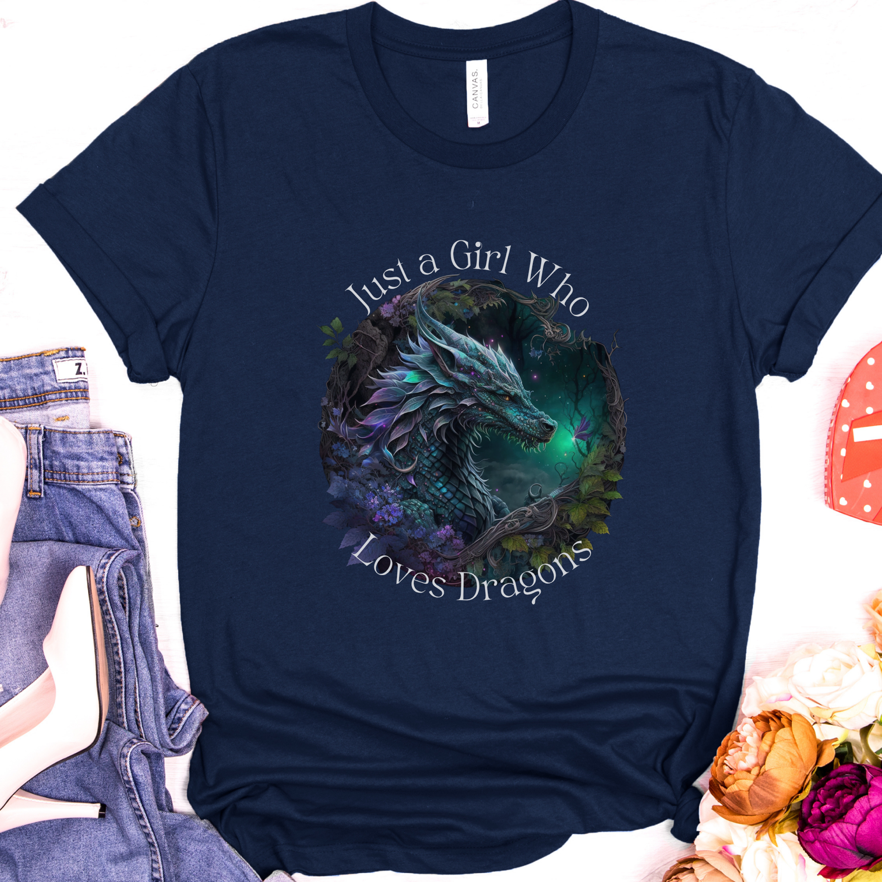Navy dragon lover t-shirt featuring a glowing fantasy dragon and the phrase "Just a Girl Who Loves Dragons."