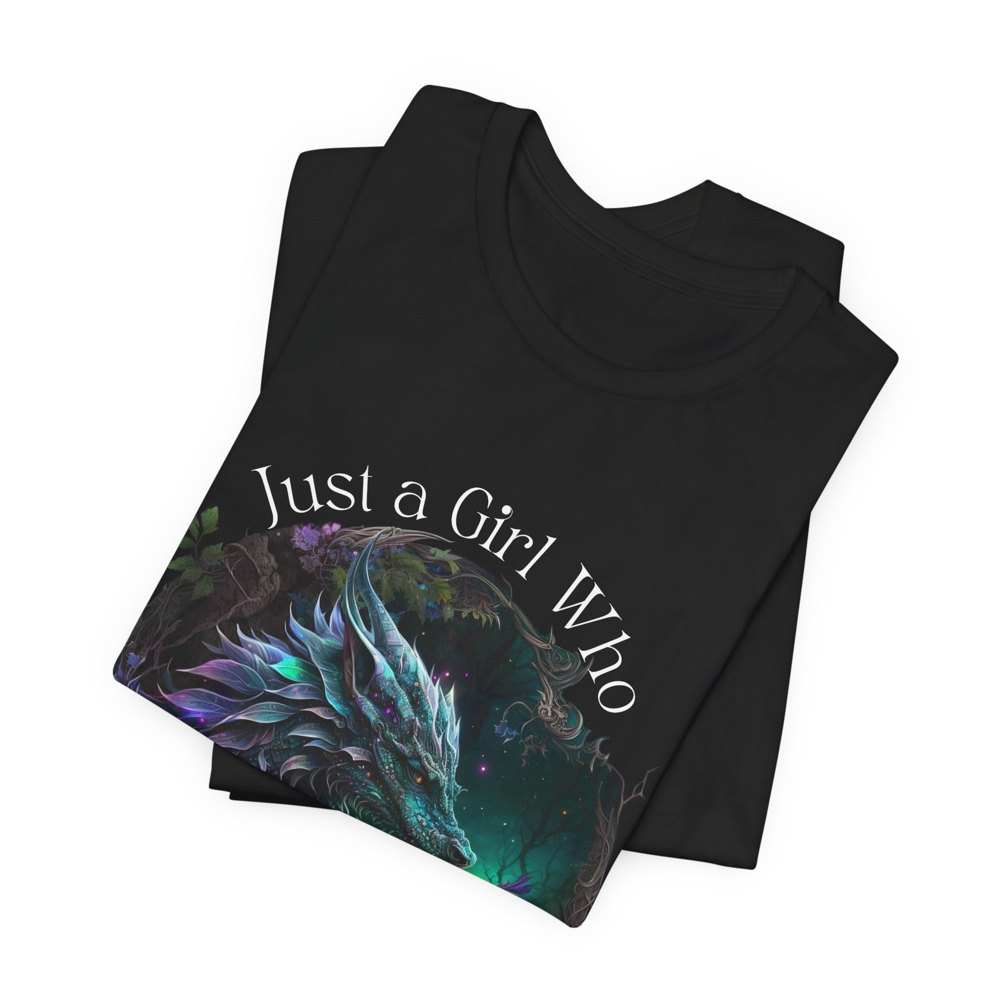 Black fantasy graphic tee featuring an iridescent dragon and magical details.