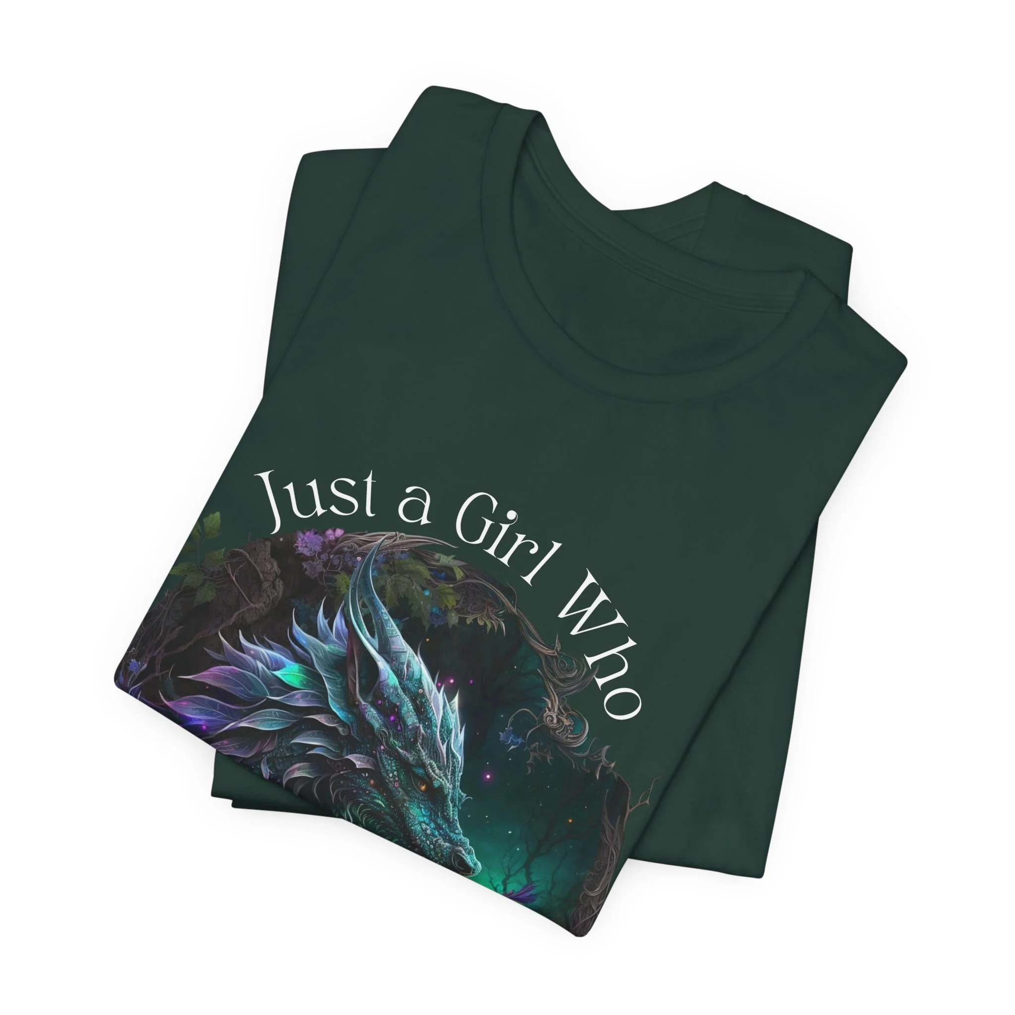 Forest green fantasy shirt featuring a majestic dragon surrounded by vibrant blue and purple accents.