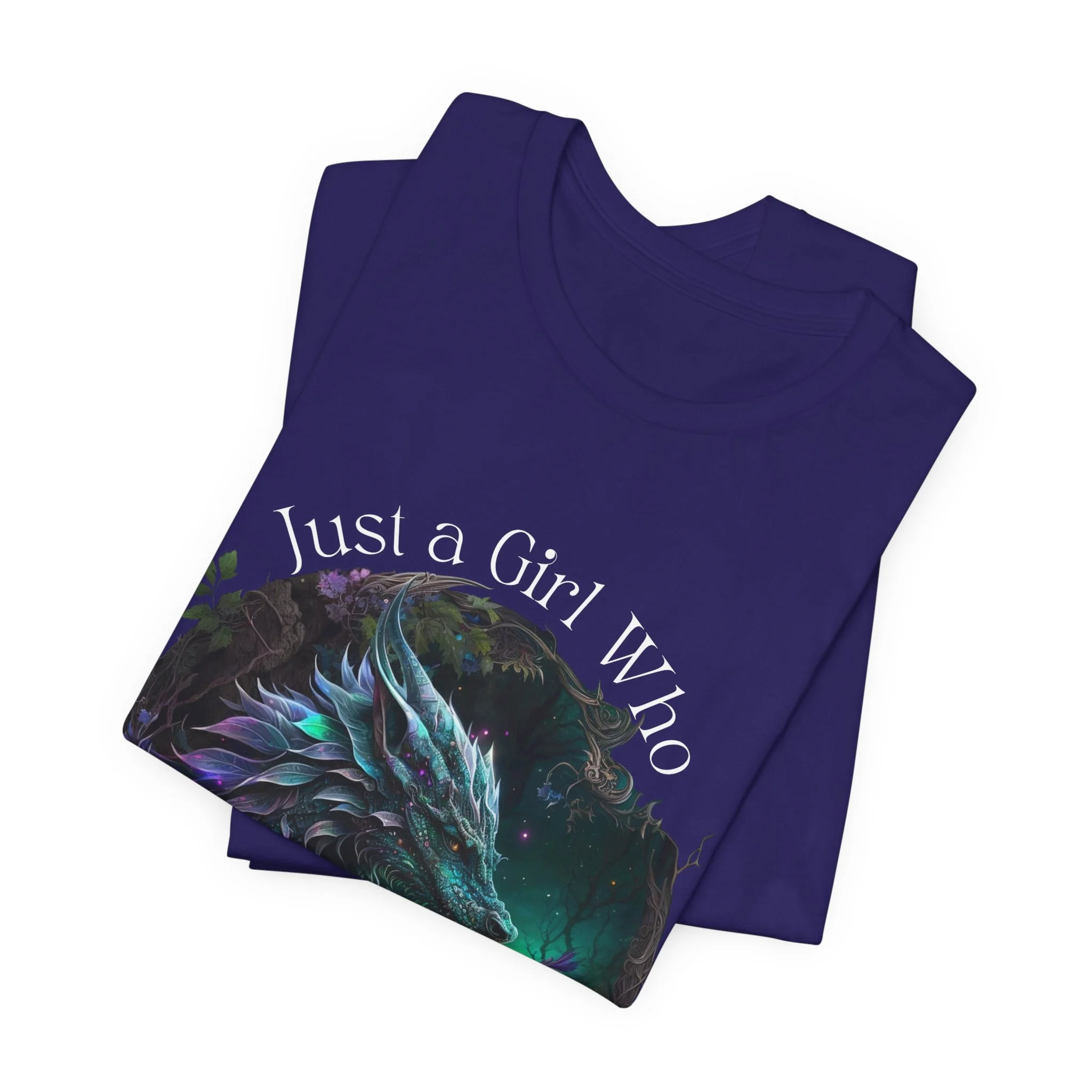 Team navy dragon lover t-shirt with "Just a Girl Who Loves Dragons" circular design.