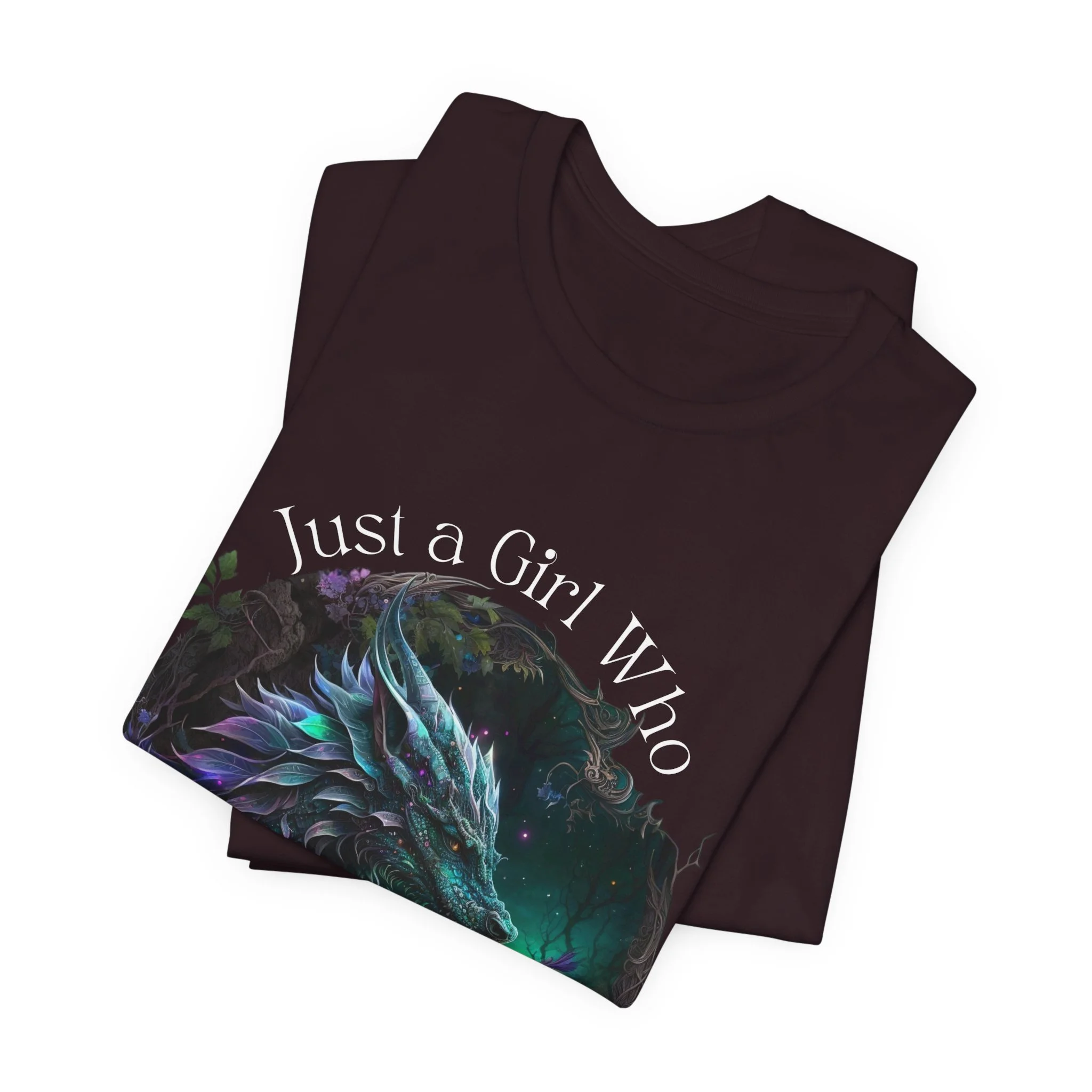 Oxblood black dragon shirt with glowing fantasy artwork and curved typography.
