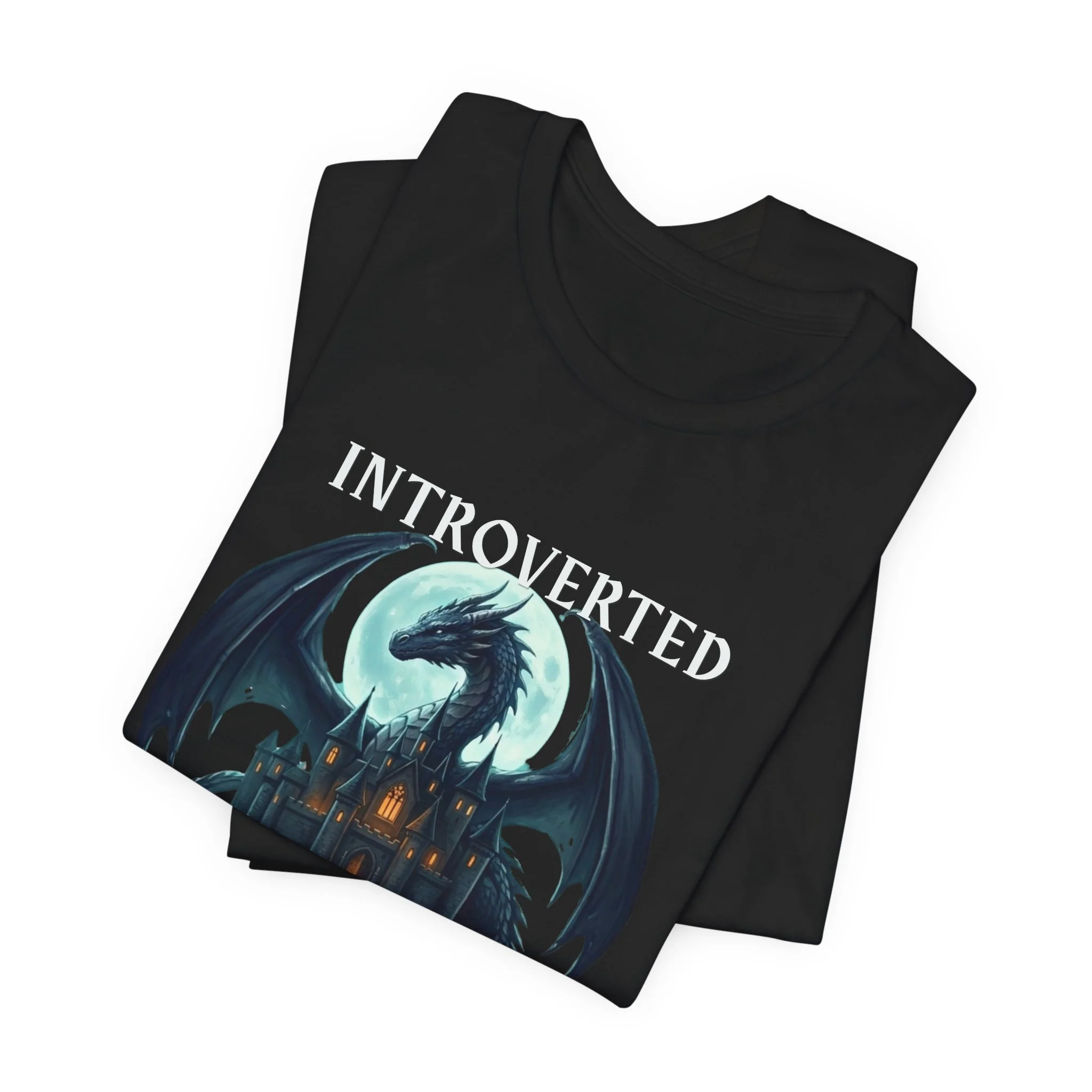 Black graphic tee featuring a dragon silhouette against a full moon with introvert humor text.