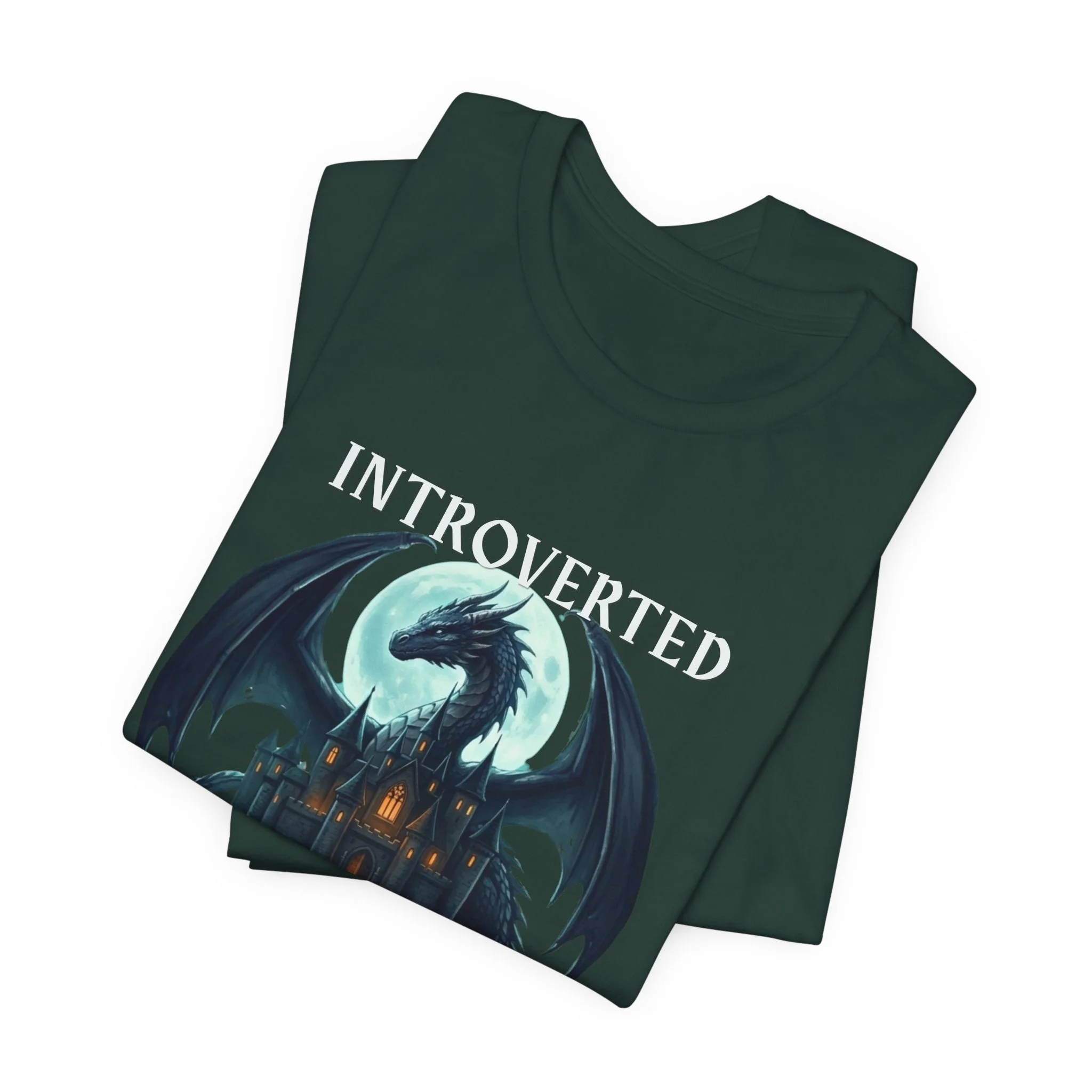 Forest green fantasy graphic tee with dragon artwork illuminated by a full moon.