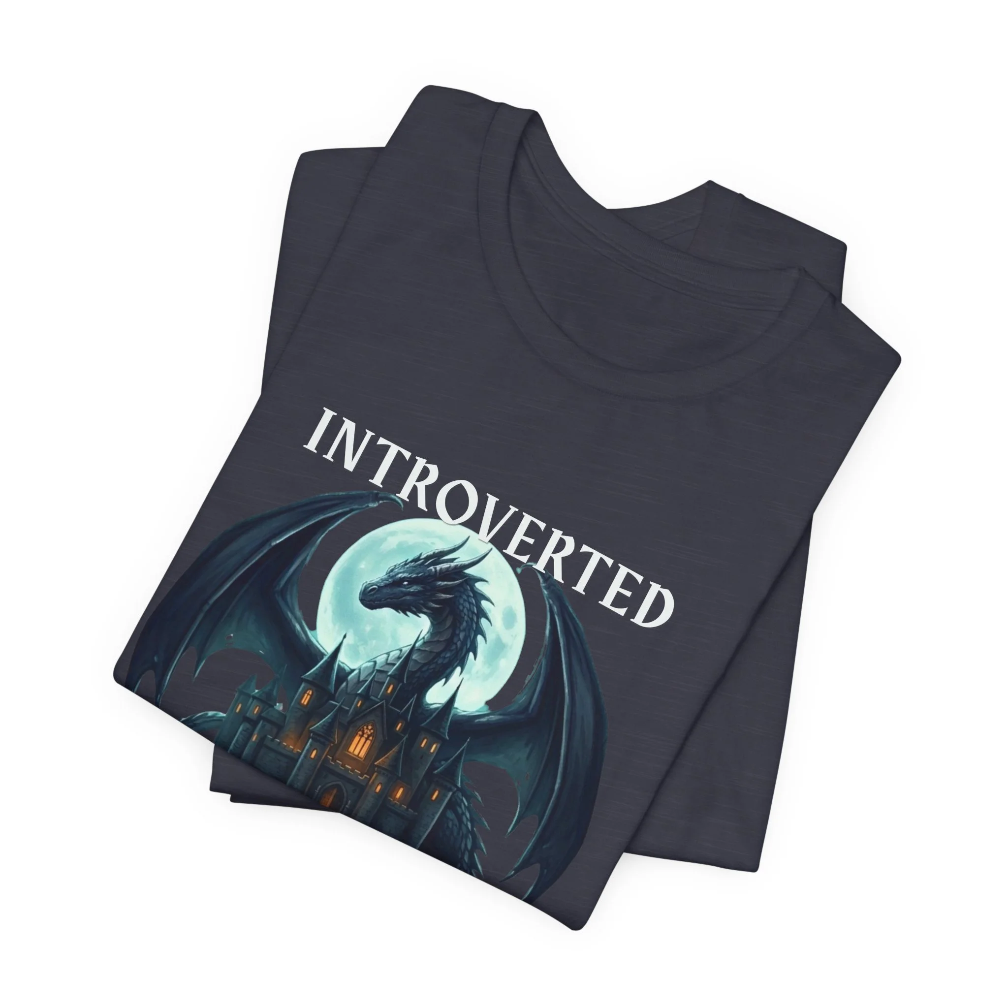 Heather midnight navy fantasy shirt with moonlit dragon design and glowing village details.