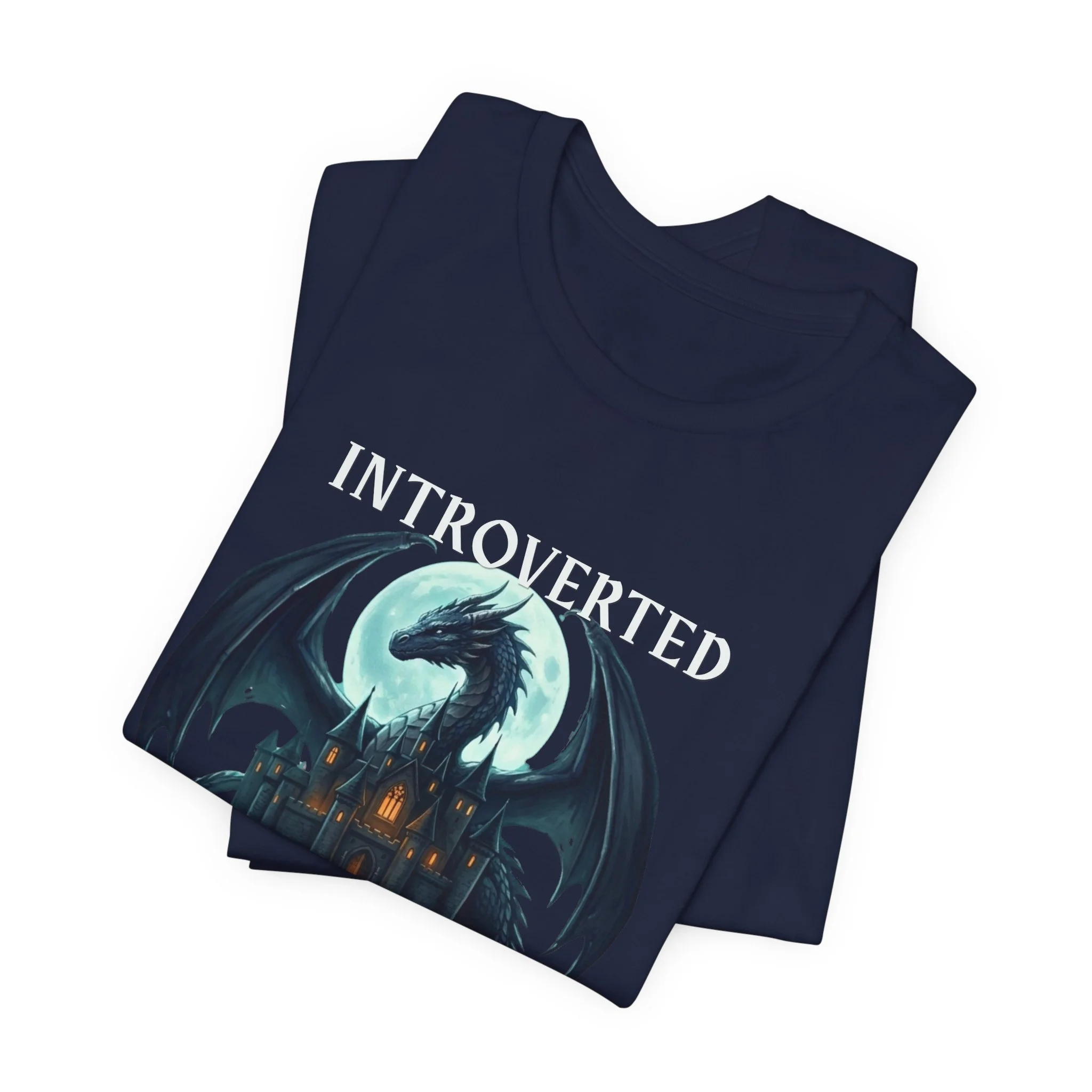 Folded navy dragon lover shirt with glowing moon artwork and fantasy-inspired typography.