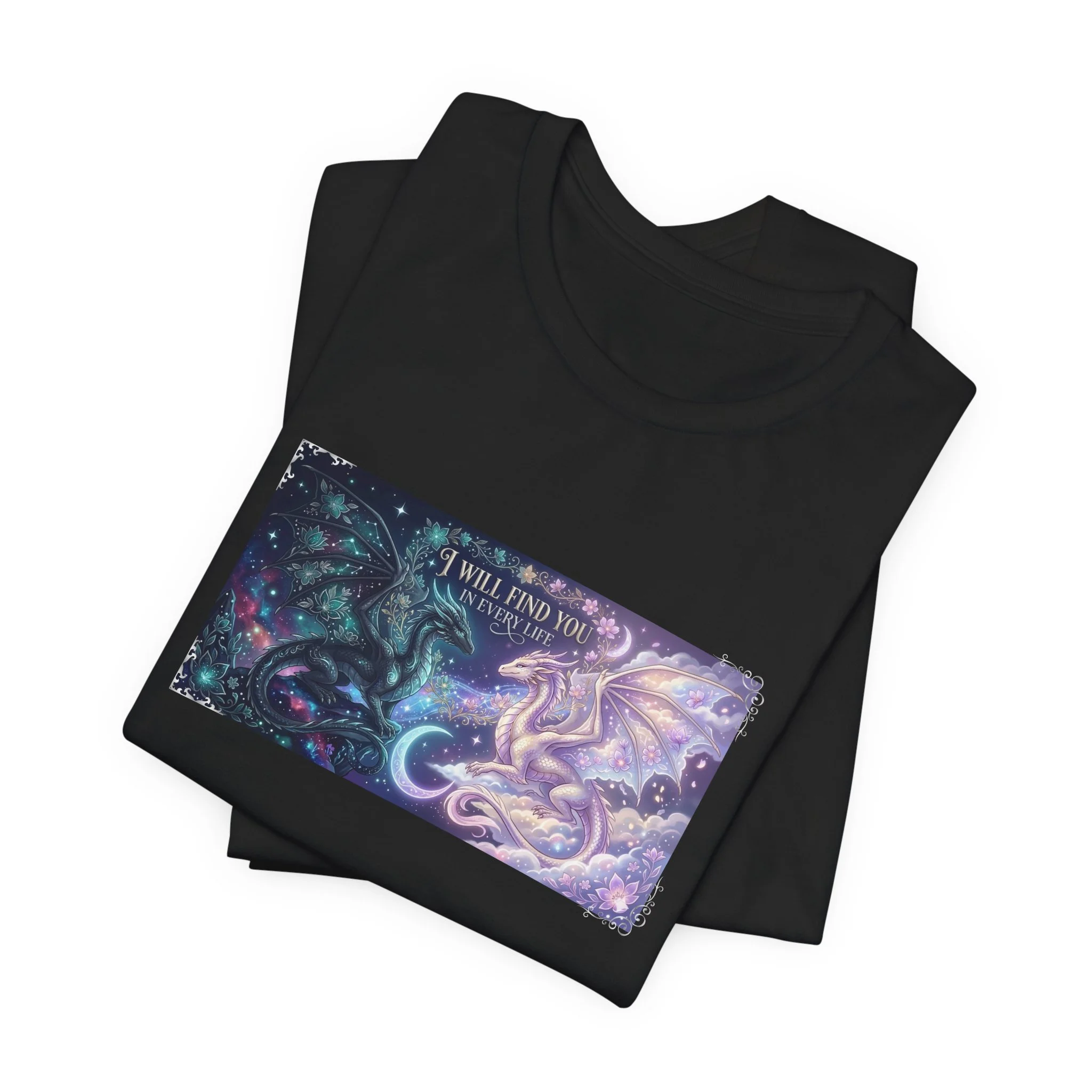Black fantasy reader t-shirt with two ethereal dragons and moonlit accents.
