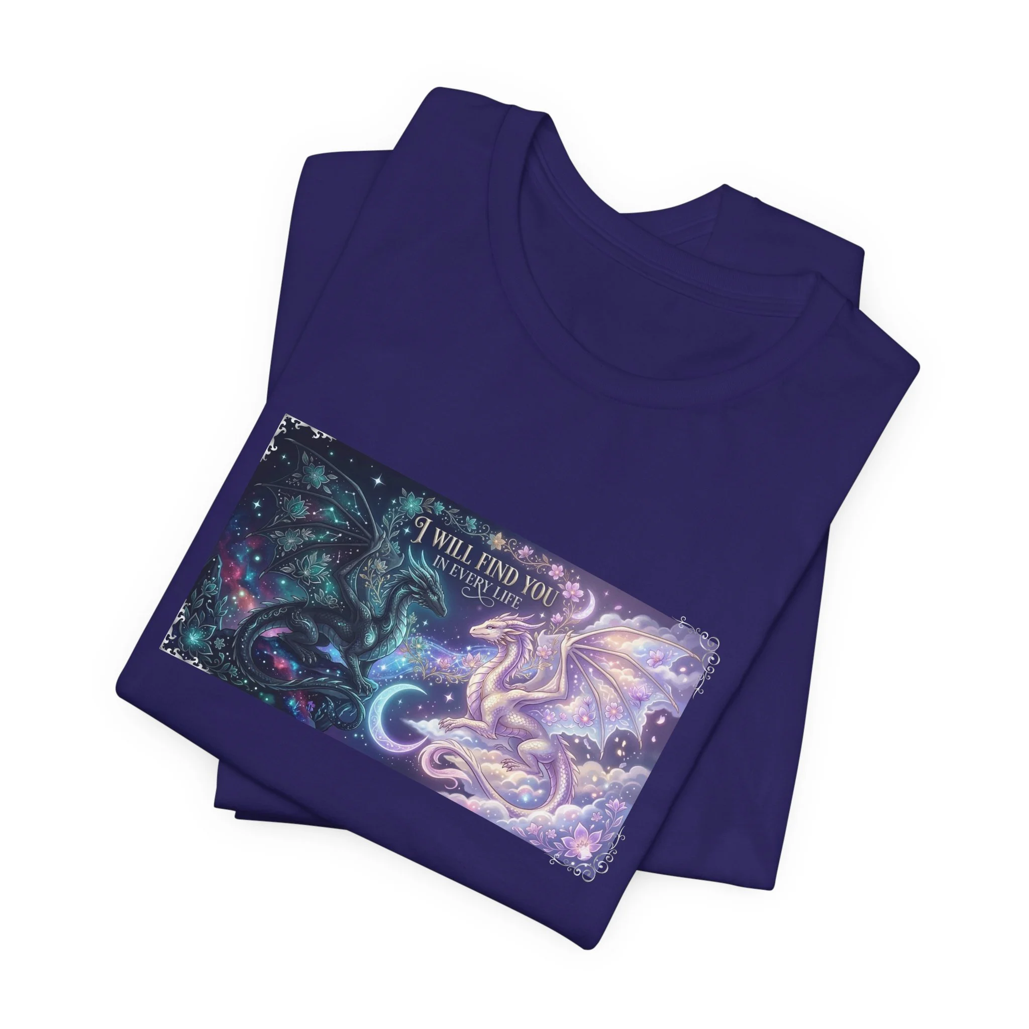 Folded purple-blue dragon lover shirt with whimsical moon and star artwork.