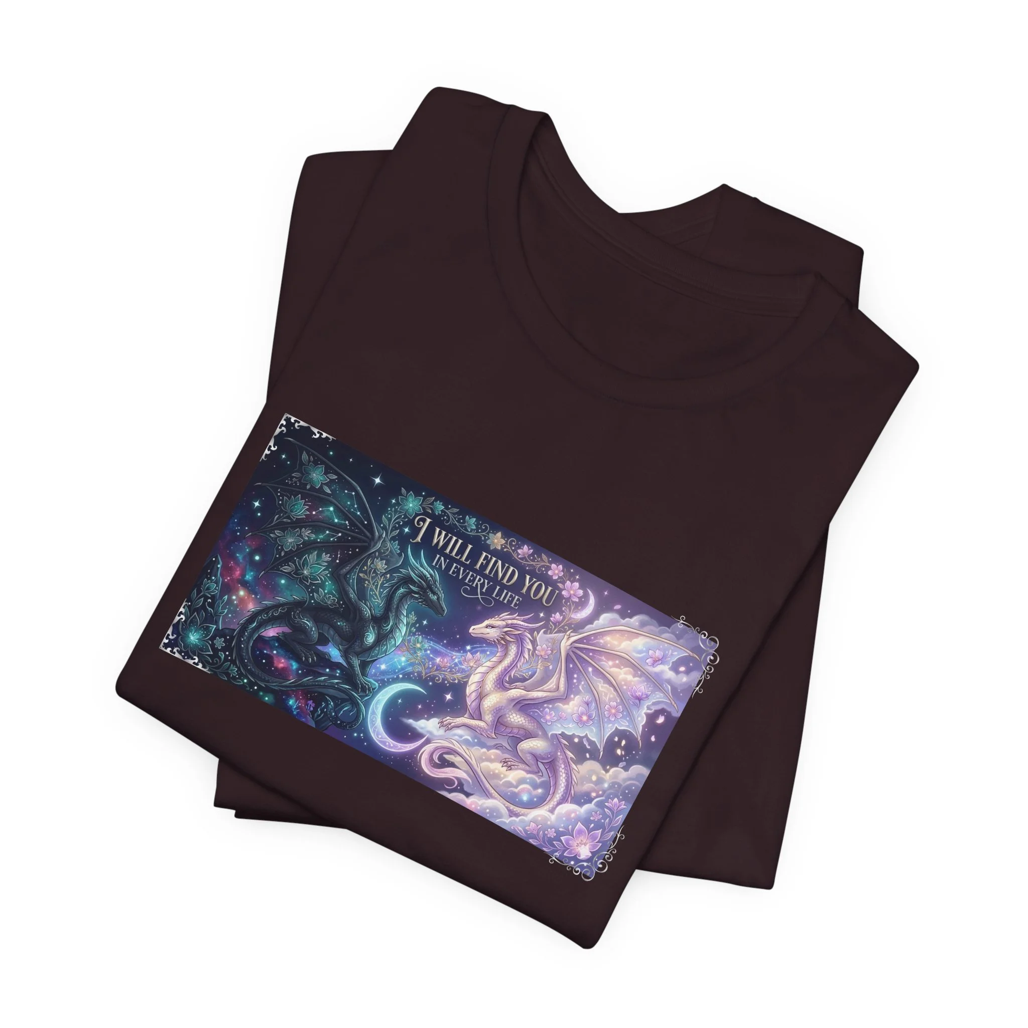Oxblood black dragon lover tee featuring whimsical celestial artwork and fantasy-inspired design.