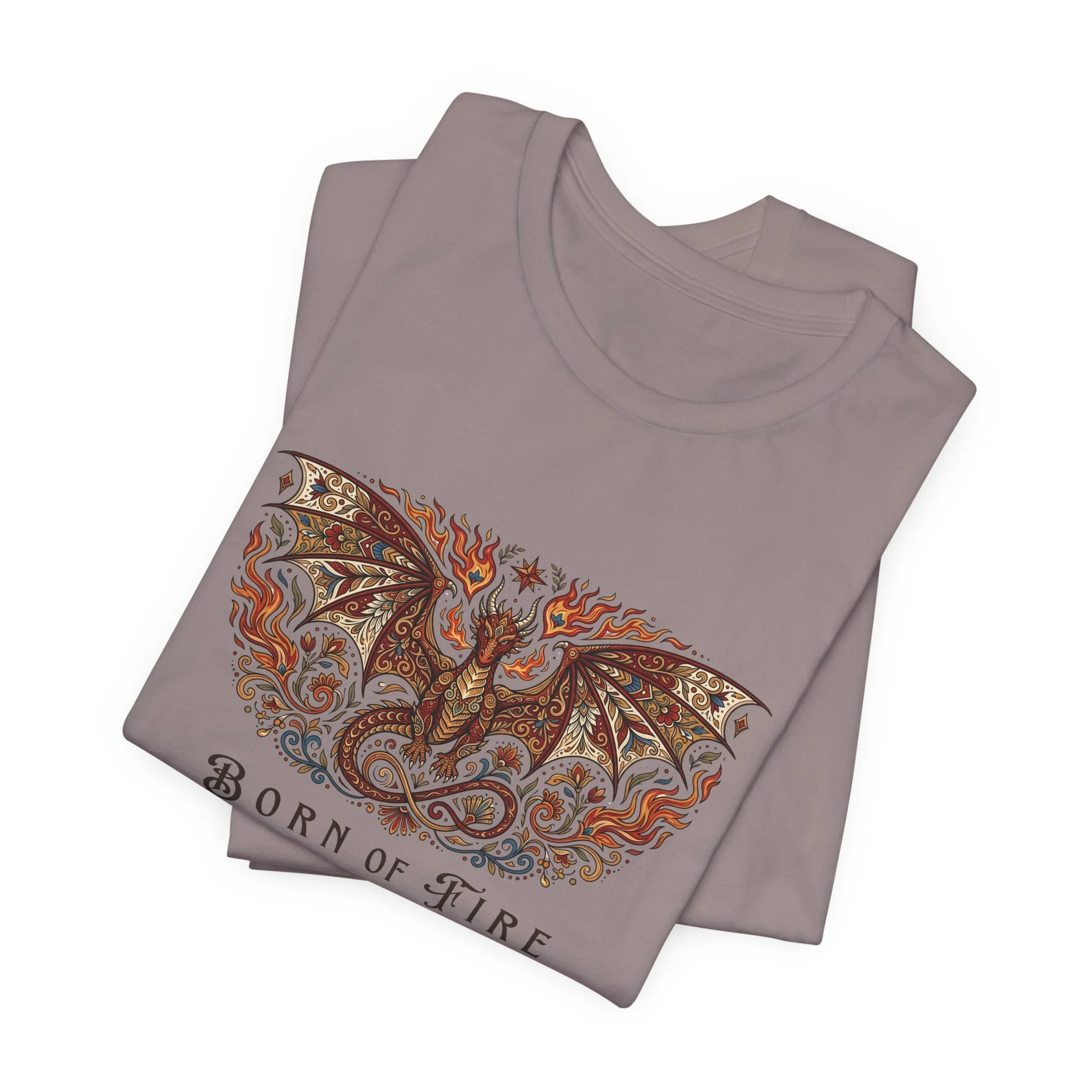Pebble brown fantasy graphic tee featuring a detailed dragon illustration with warm earthy accents.