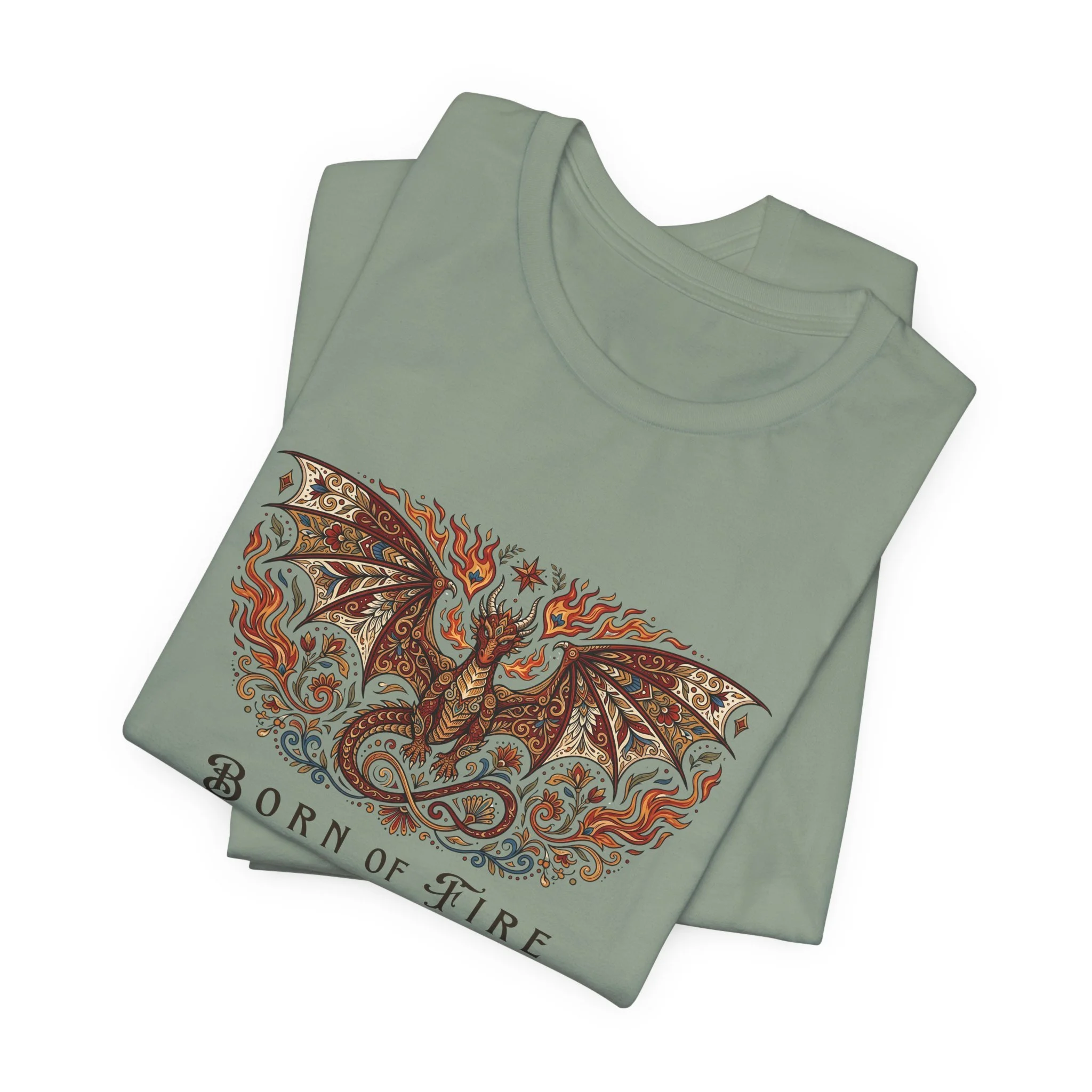 Sage green dragon lover tee with ornate dragon artwork and earthy fall tones.