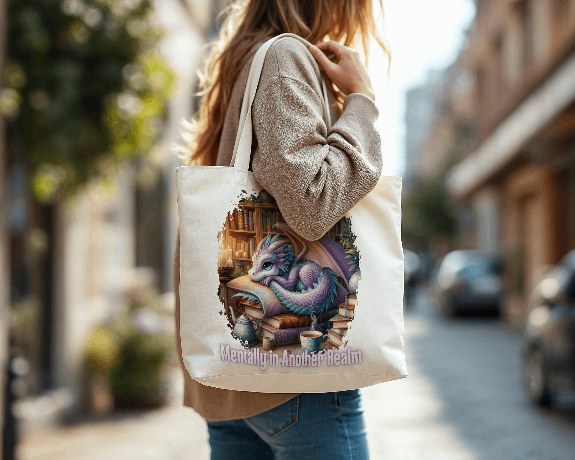 Woman carrying a Mentally in Another Realm fantasy dragon canvas tote bag.