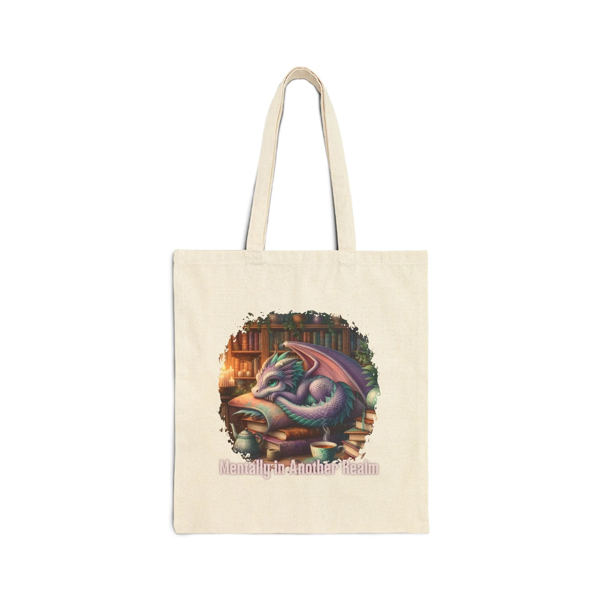 Front view of Mentally in Another Realm dragon and books canvas tote bag.