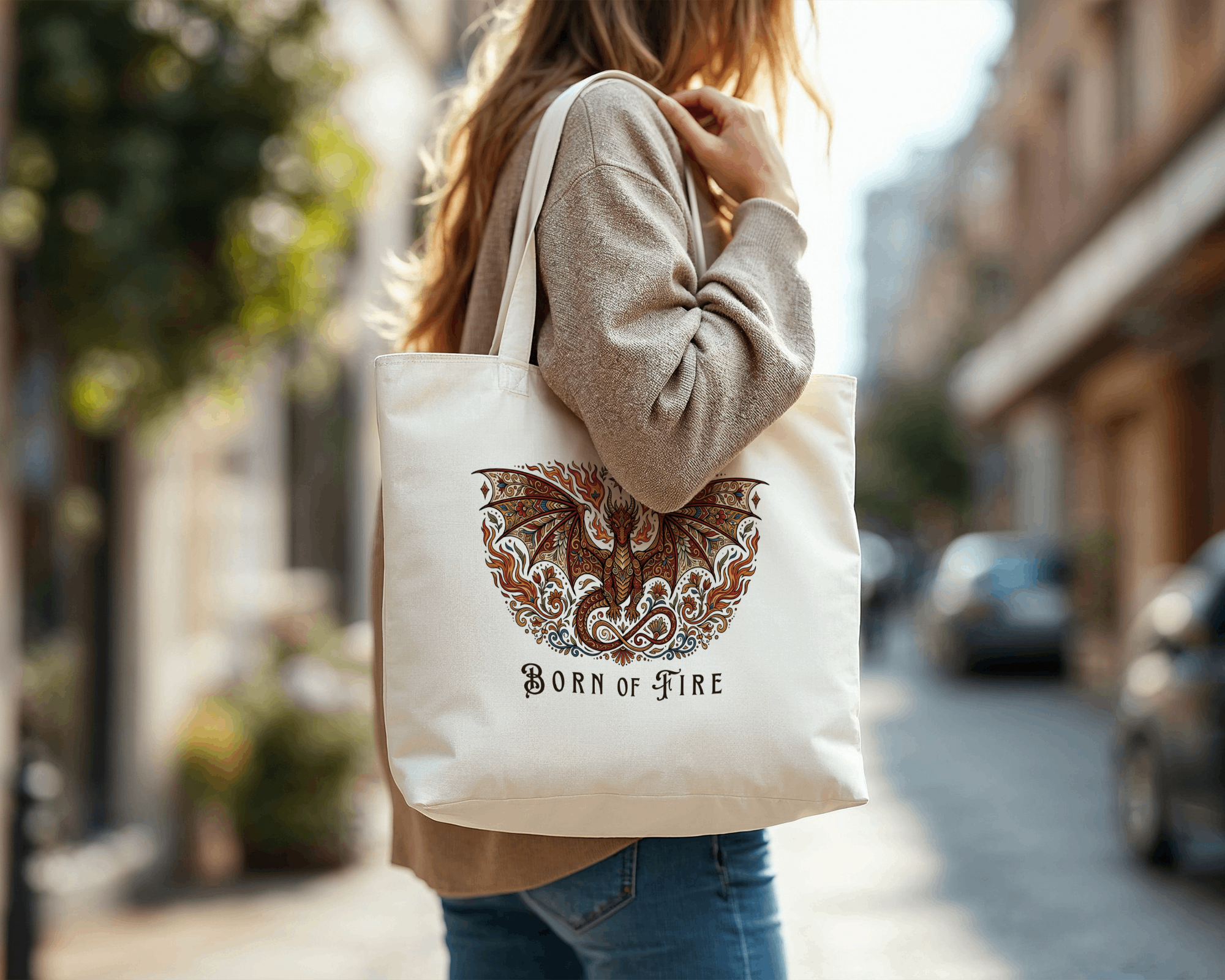 Woman carrying a Born of Fire fantasy phoenix canvas tote bag on a city street.