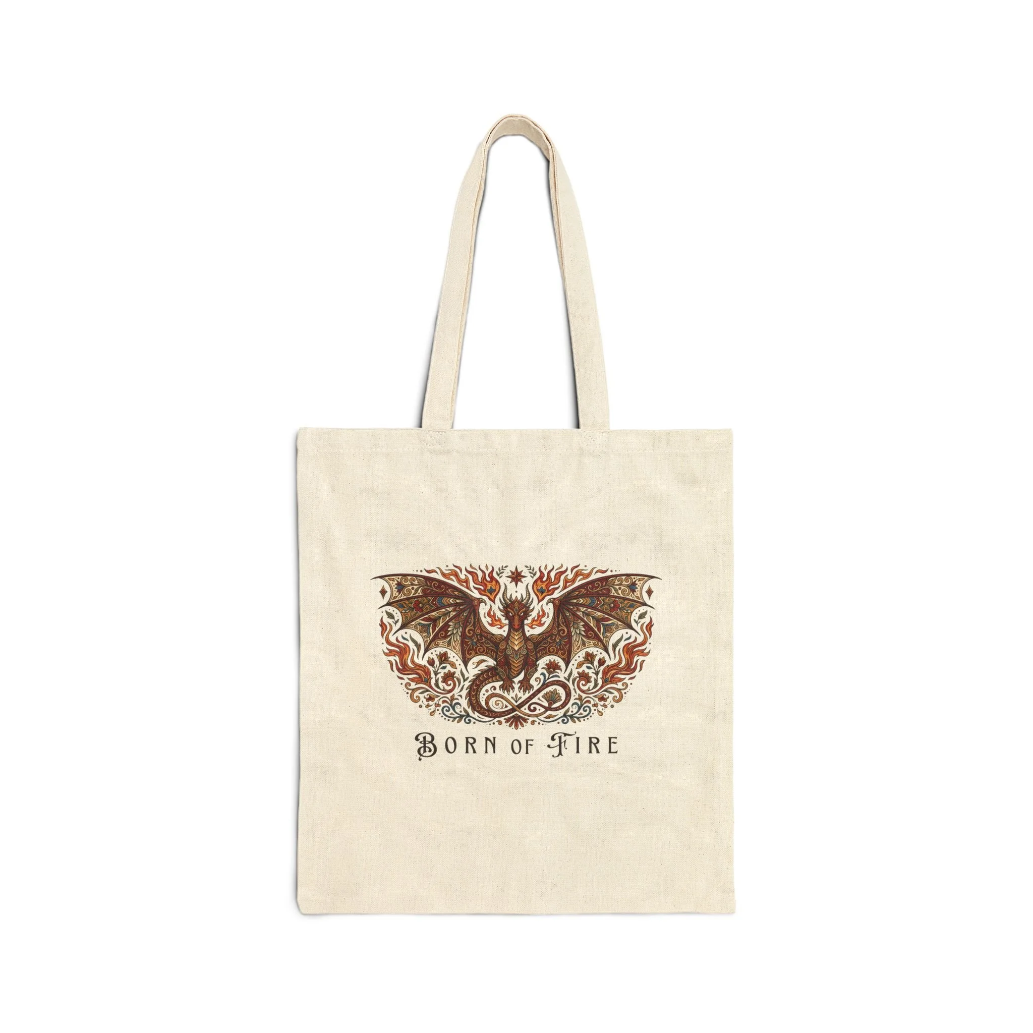Front view of Born of Fire phoenix artwork printed on a natural canvas tote bag.