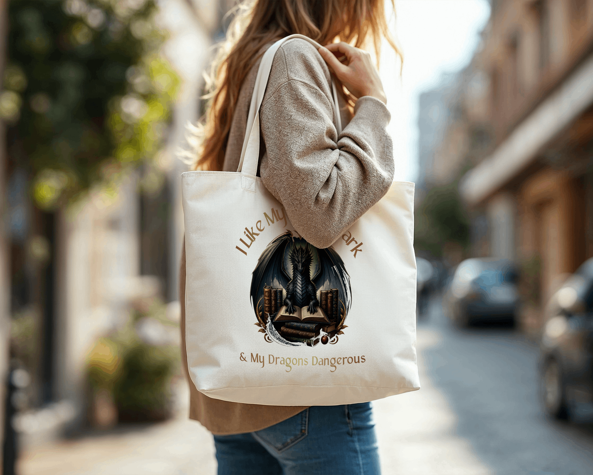 I Like My Books Dark & My Dragons Dangerous Canvas Tote Bag — Fantasy Reader Tote