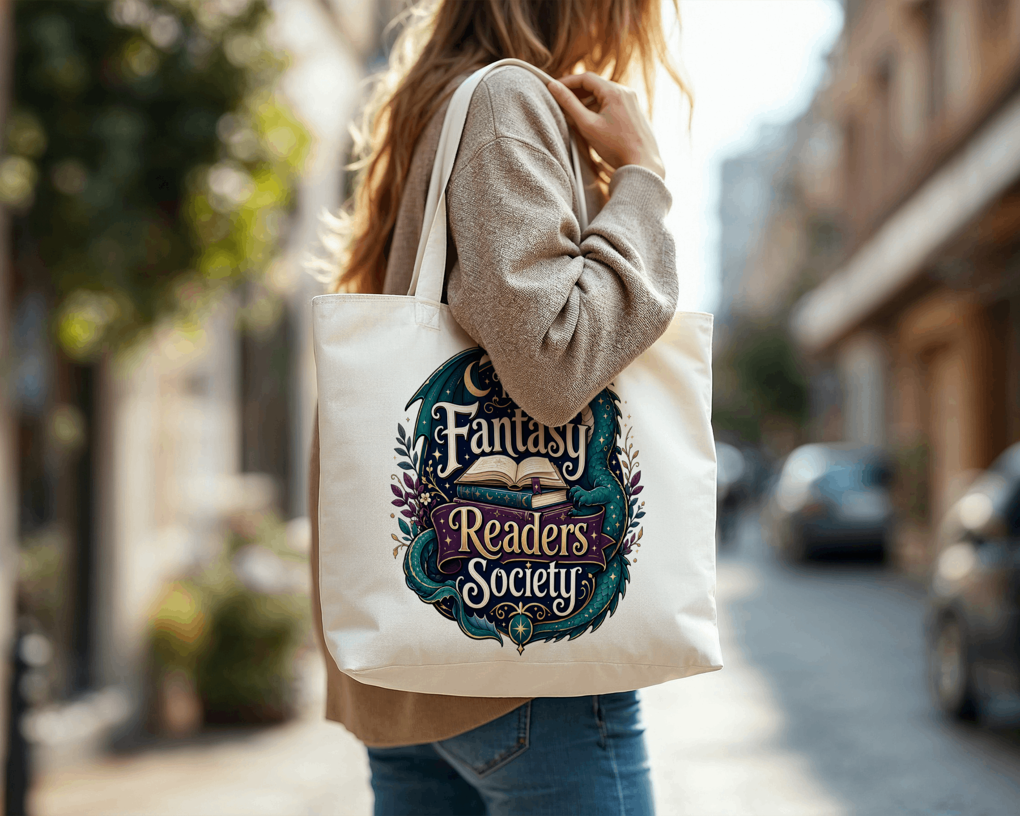 Woman carrying a Fantasy Readers Society canvas tote bag on a city street.