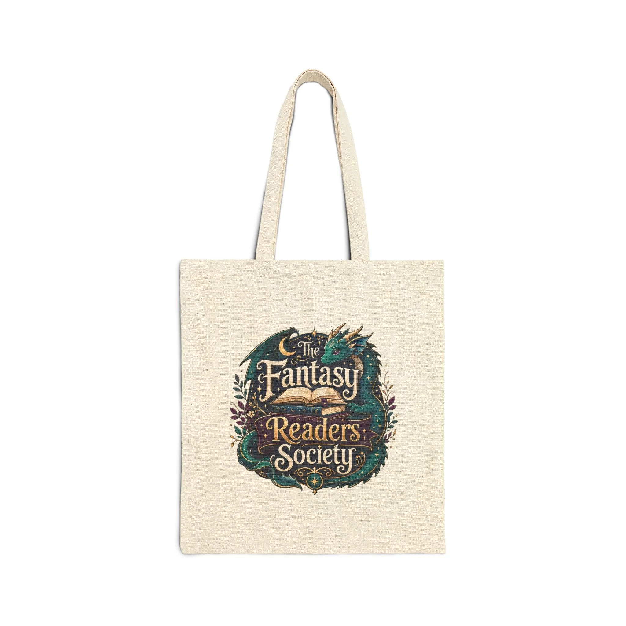 Front view of Fantasy Readers Society book lover canvas tote bag.