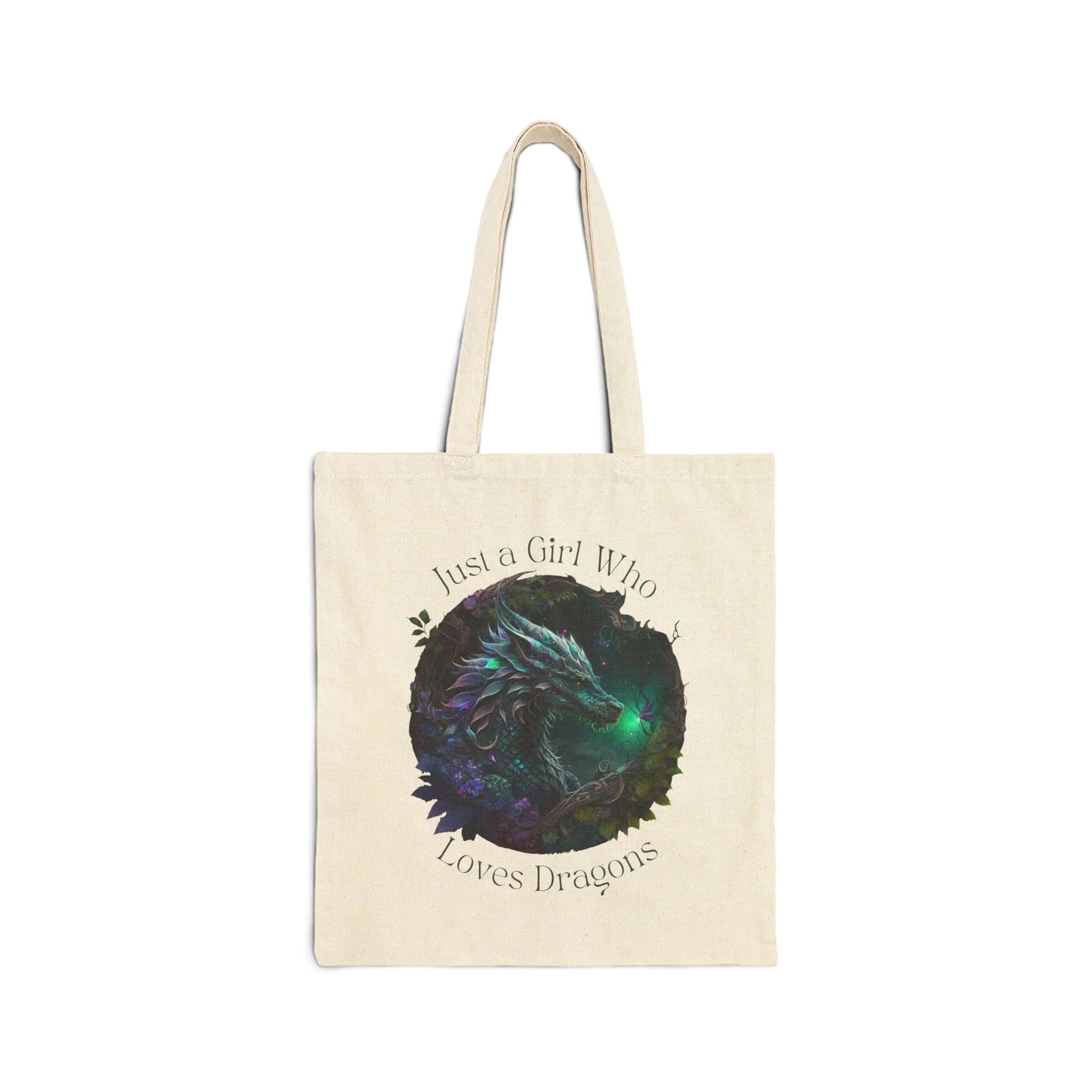 Front view of Just a Girl Who Loves Dragons dragon artwork canvas tote bag.