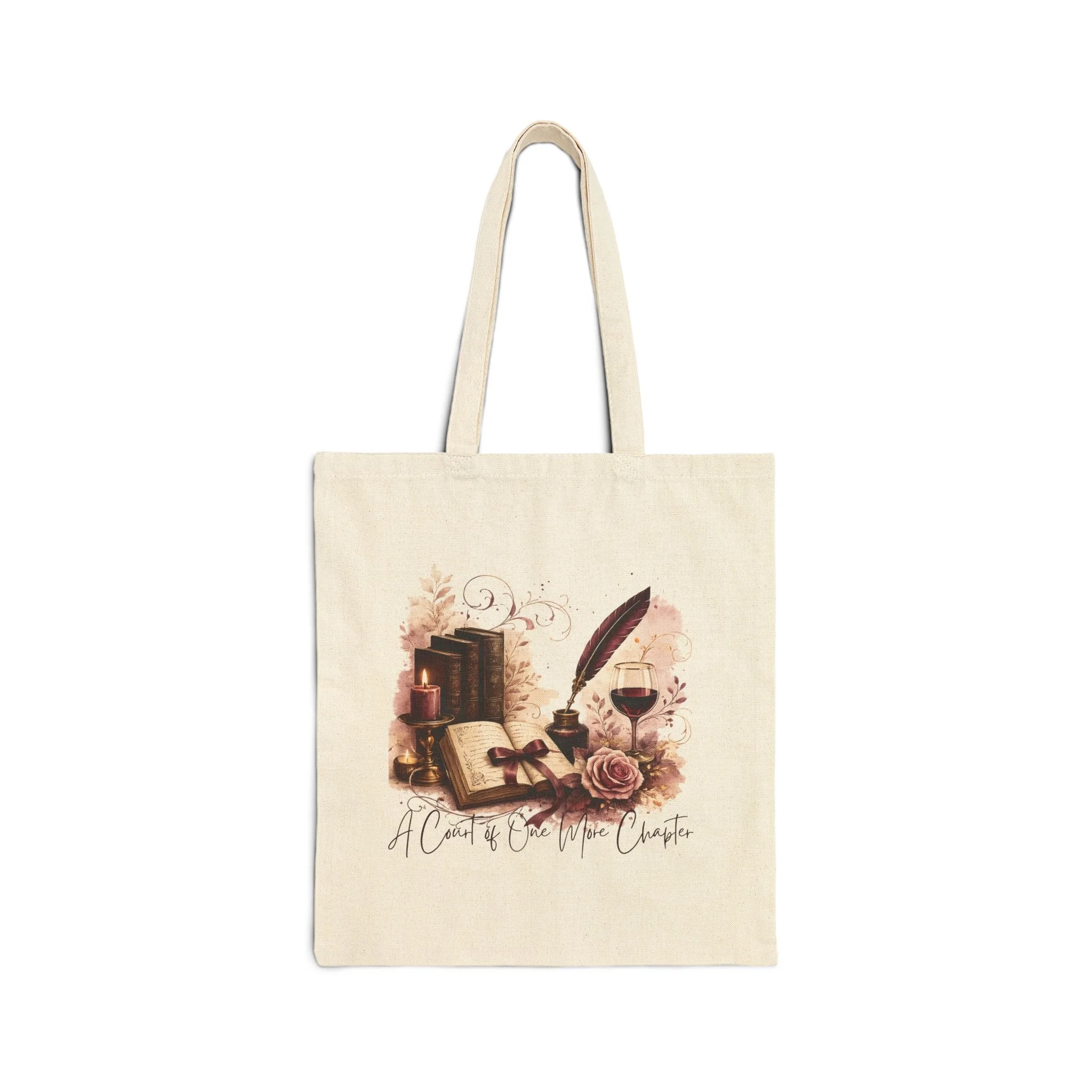 Front view of A Court of Wine & Chapters book lover canvas tote with books, wine, quill, and florals.